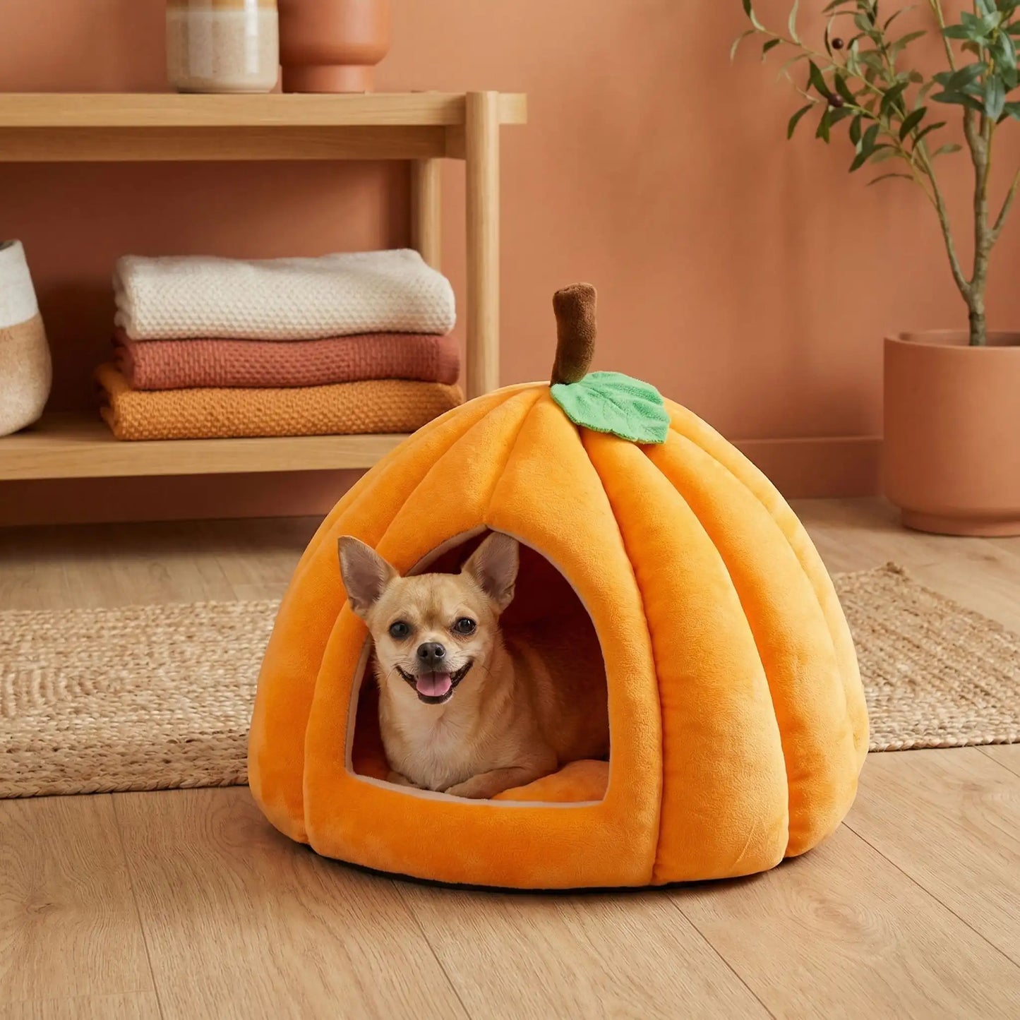 Panier-pour-chihuahua-anti-axiété design niche en forme de citrouille avec son coussin intérieur amovible ergonomique 100% coton haute densité, hypoallergénique, ultra-doux pour les peaux sensibles, enveloppant à 360° avec petite ouverture pour une entrée et sortie facile, antidérapant, protège les races sensibles du froid et des courants d'air de 0 à 2 kilos-un chihuahua couché et heureux sur le coussin rembourré et dans le panier en forme d'igloo de couleur orange dans la chambre de l'appartement