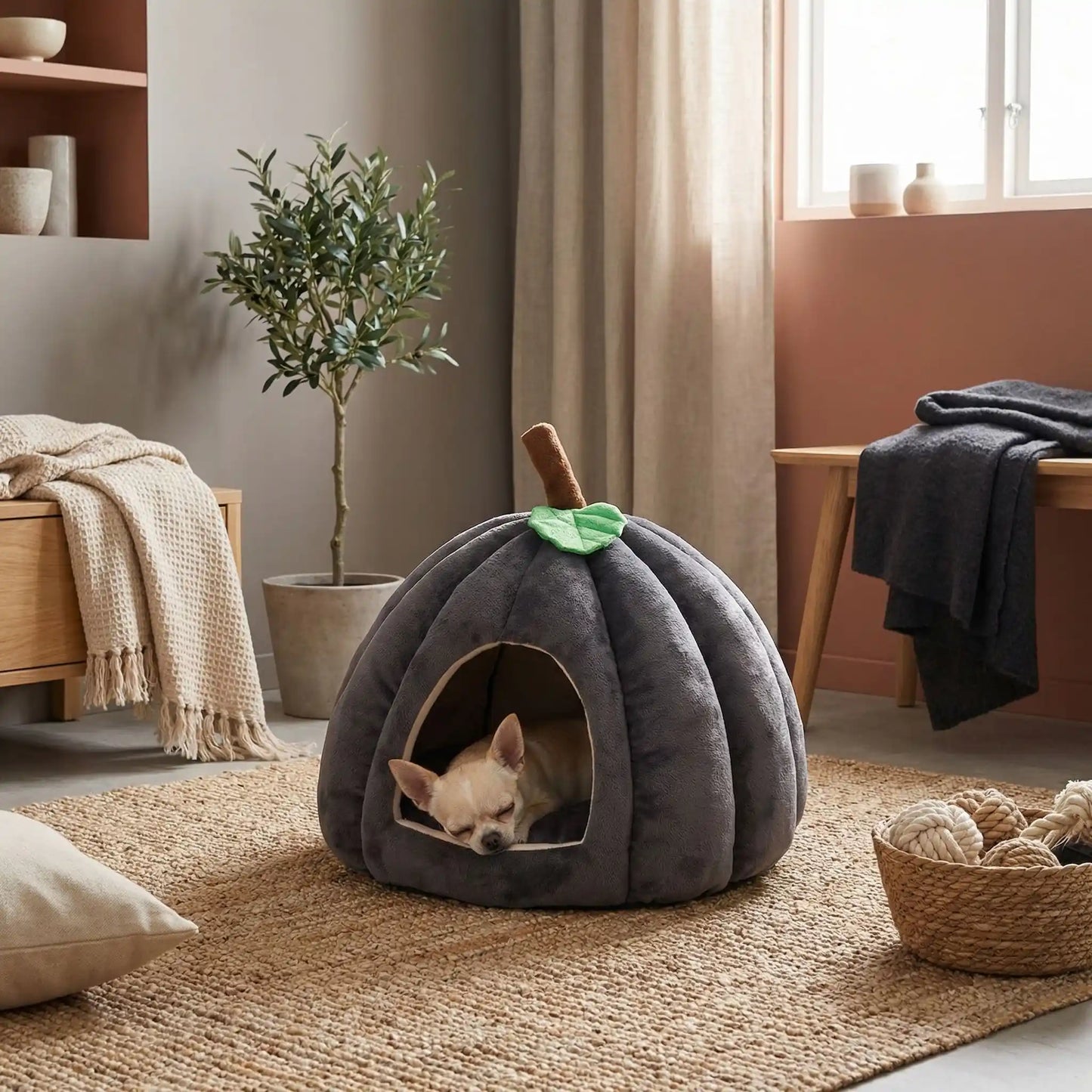 Panier-pour-chihuahua-anti-axiété design niche en forme de citrouille avec son coussin intérieur amovible ergonomique 100% coton haute densité, hypoallergénique, ultra-doux pour les peaux sensibles, enveloppant à 360° avec petite ouverture pour une entrée et sortie facile, antidérapant, protège les races sensibles du froid et des courants d'air de 0 à 2 kilos-un chihuahua couché et heureux sur le coussin rembourré et dans le panier en forme d'igloo de couleur gris dans le salon de la maison