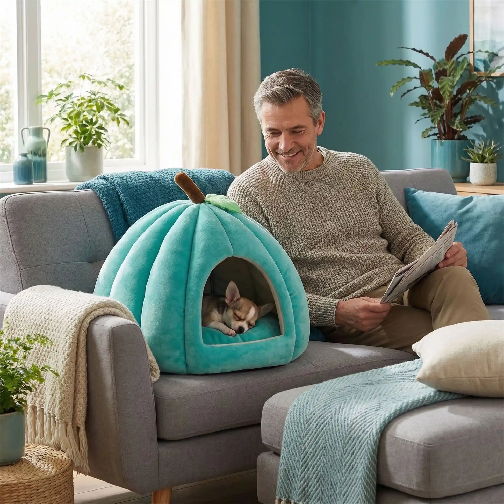 Panier-pour-chihuahua-anti-axiété design niche en forme de citrouille avec son coussin intérieur amovible ergonomique 100% coton haute densité, hypoallergénique, ultra-doux pour les peaux sensibles, enveloppant à 360° avec petite ouverture pour une entrée et sortie facile, antidérapant, protège les races sensibles du froid et des courants d'air de 0 à 2 kilos-un chihuahua qui dort paisiblement dans le panier niche sur le canapé du salon à côté de son maitre avec son journal qui sourit en regardant son chiot