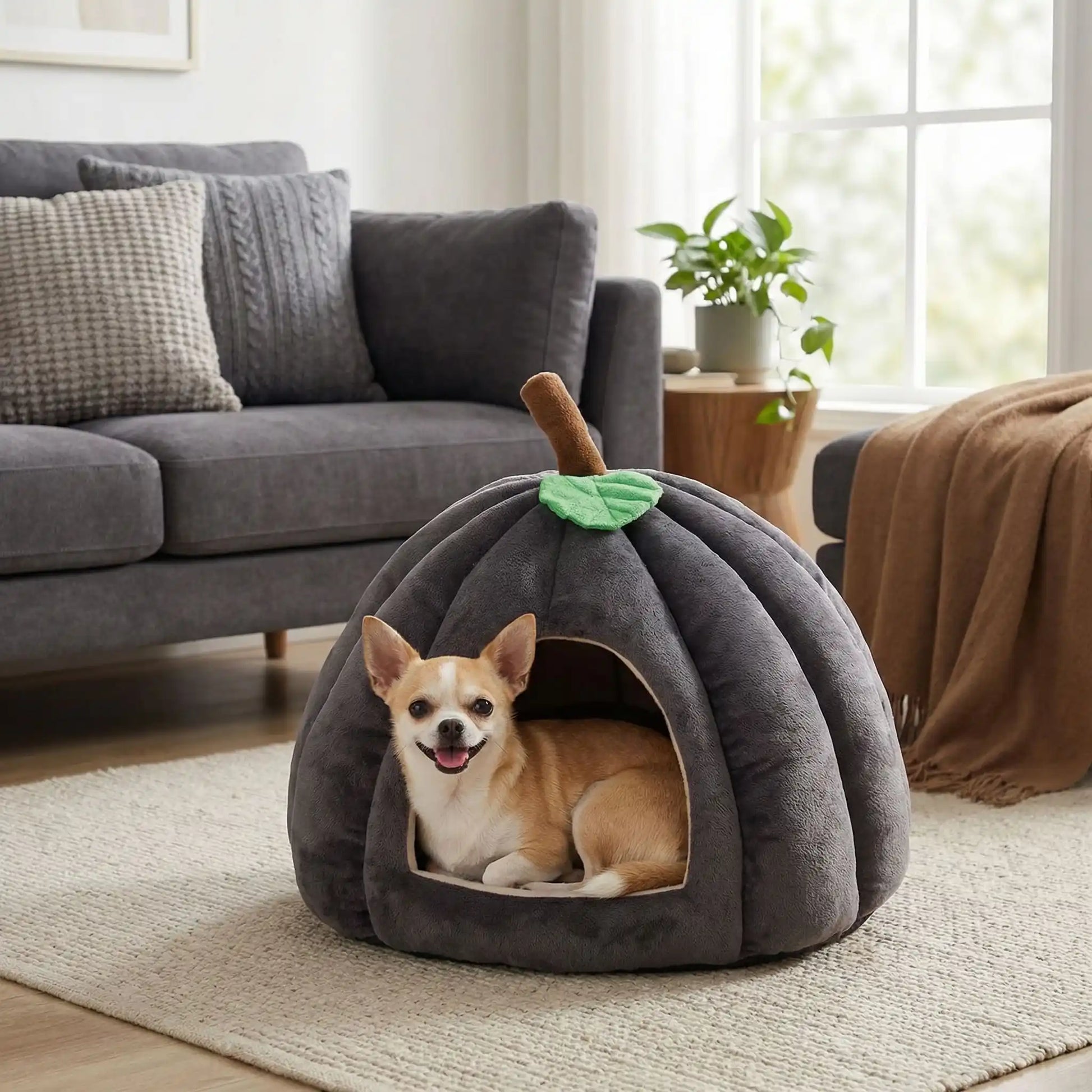 Panier-pour-chihuahua-anti-axiété design niche en forme de citrouille avec son coussin intérieur amovible ergonomique 100% coton haute densité, hypoallergénique, ultra-doux pour les peaux sensibles, enveloppant à 360° avec petite ouverture pour une entrée et sortie facile, antidérapant, protège les races sensibles du froid et des courants d'air de 0 à 2 kilos-un chihuahua couché et heureux sur le coussin rembourré et dans le panier en forme d'igloo de couleur gris dans le salon de la maison