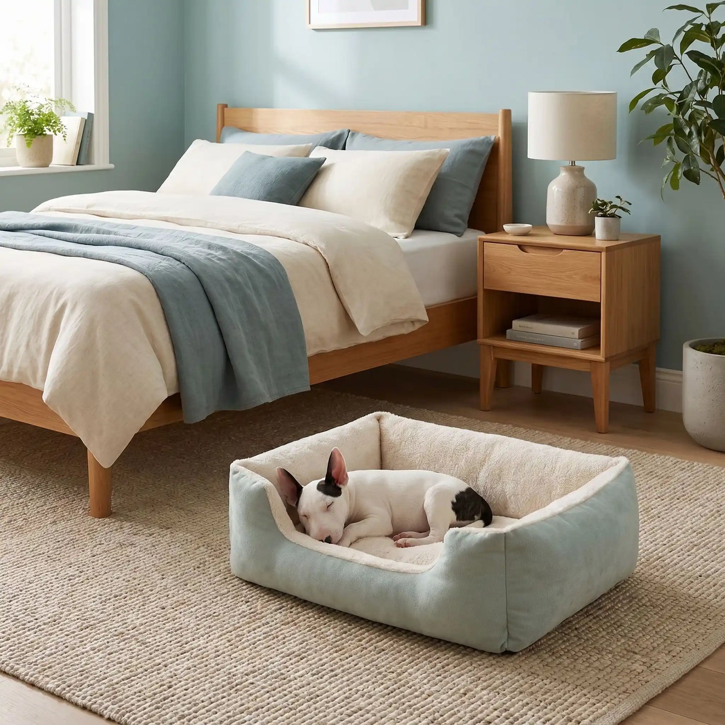 Panier-pour-chiot-confort au rembourrage 100% coton haute densité et velours doux et hypoallergénique, moelleux, douillet, chaud et respirant, avec rebord haut et surélevé, fond antidérapant et imperméable,lavable en machine ou à la main, pour chiot de 0 à 20 kg, disponible en 5 tailles du S au XXL-un chiot de race moyenne qui dort paisiblement dans son panier doux épais et confortable comme un coussin avec rebord entourant et rassurant de couleur vert d'eau dans la chambre de l'appartement