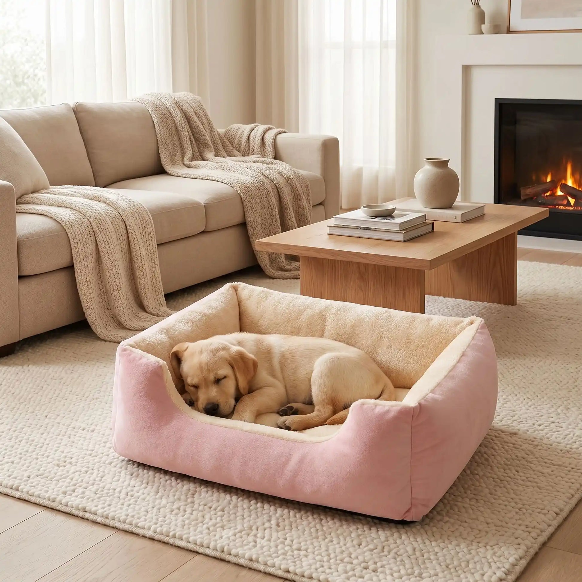 Panier-pour-chiot-confort au rembourrage 100% coton haute densité et velours doux et hypoallergénique, moelleux, douillet, chaud et respirant, avec rebord haut et surélevé, fond antidérapant et imperméable,lavable en machine ou à la main, pour chiot de 0 à 20 kg, disponible en 5 tailles du S au XXL-un chiot de grande race qui dort paisiblement dans son panier doux épais et confortable comme un coussin avec rebord entourant et rassurant de couleur rose dans le salon de l'appartement
