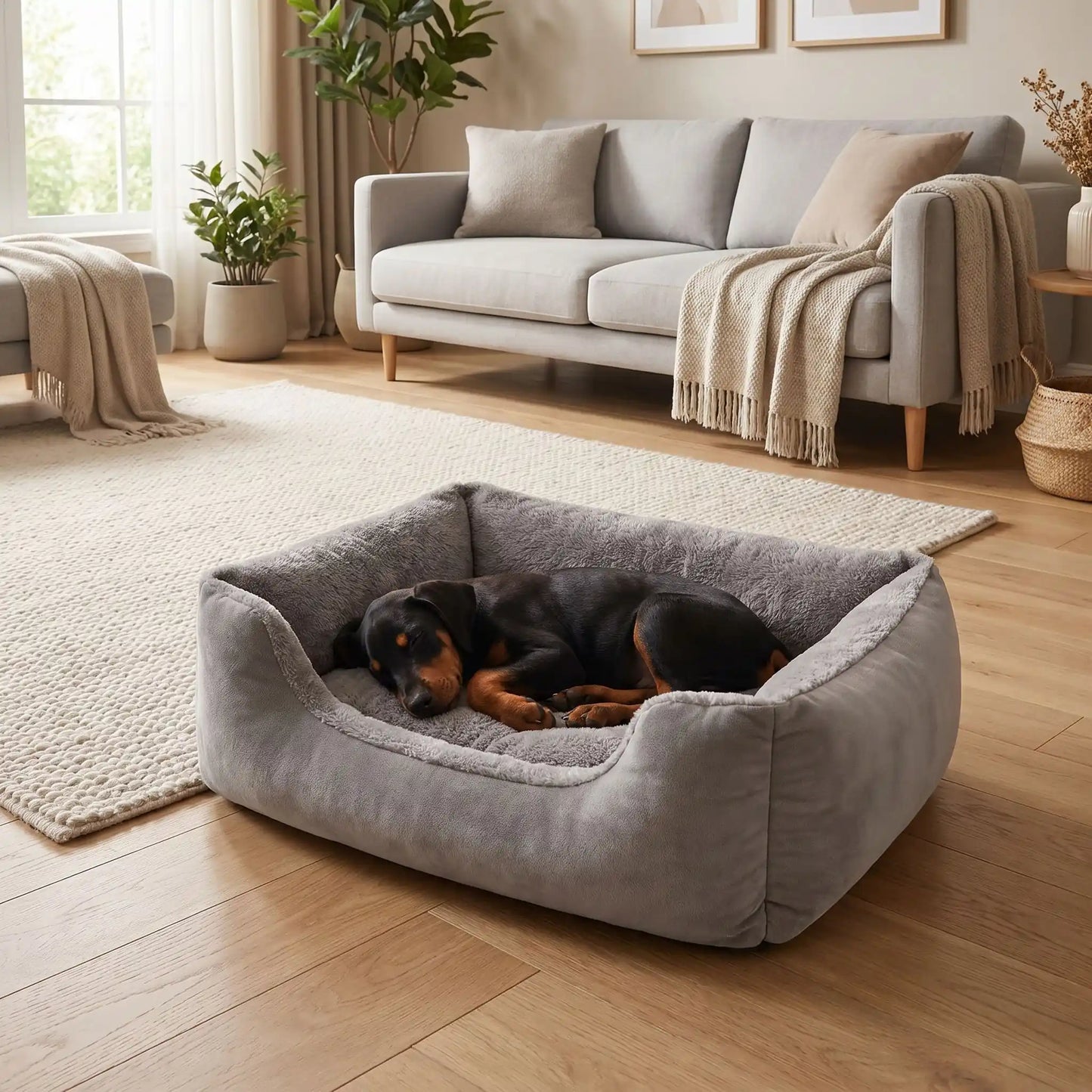 Panier-pour-chiot-confort au rembourrage 100% coton haute densité et velours doux et hypoallergénique, moelleux, douillet, chaud et respirant, avec rebord haut et surélevé, fond antidérapant et imperméable,lavable en machine ou à la main, pour chiot de 0 à 20 kg, disponible en 5 tailles du S au XXL-un chiot de grande race qui dort paisiblement dans son panier doux épais et confortable comme un coussin avec rebord entourant et rassurant de couleur gris dans le salon de la maison