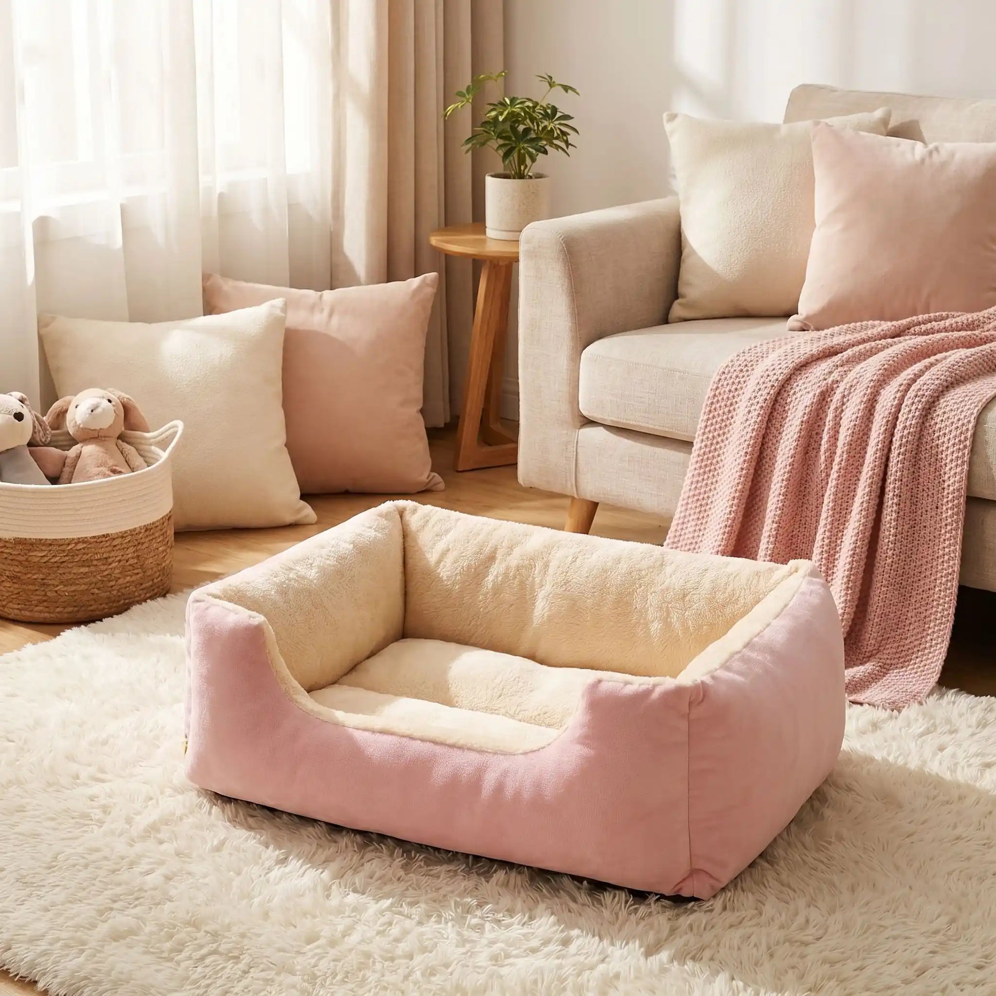 Panier-pour-chiot-confort au rembourrage 100% coton haute densité et velours doux et hypoallergénique, moelleux, douillet, chaud et respirant, avec rebord haut et surélevé, fond antidérapant et imperméable,lavable en machine ou à la main, pour chiot de 0 à 20 kg, disponible en 5 tailles du S au XXL-gros plan du panier confortable, douillet, doux, chaud et respirant pour chiot en couleur beige et rose dans le salon cosy de l'appartement