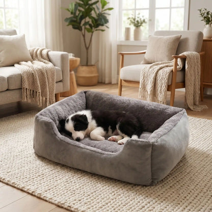Panier-pour-chiot-confort au rembourrage 100% coton haute densité et velours doux et hypoallergénique, moelleux, douillet, chaud et respirant, avec rebord haut et surélevé, fond antidérapant et imperméable,lavable en machine ou à la main, pour chiot de 0 à 20 kg, disponible en 5 tailles du S au XXL-un chiot de race moyenne qui dort paisiblement en boule dans son panier doux épais et confortable comme un coussin avec rebord entourant et rassurant de couleur gris dans le salon de l'appartement