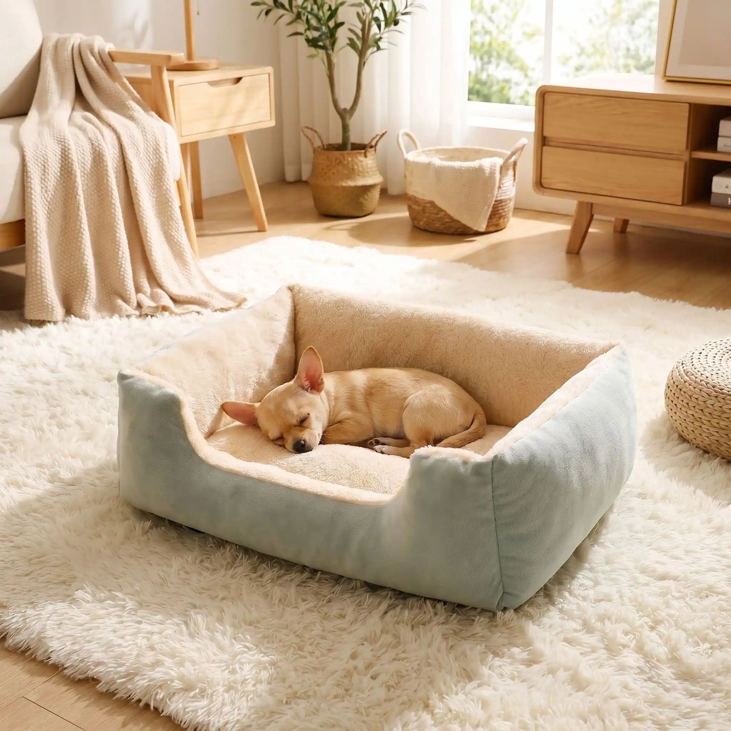 Panier-pour-chiot-confort au rembourrage 100% coton haute densité et velours doux et hypoallergénique, moelleux, douillet, chaud et respirant, avec rebord haut et surélevé, fond antidérapant et imperméable,lavable en machine ou à la main, pour chiot de 0 à 20 kg, disponible en 5 tailles du S au XXL-un chiot de petite race qui dort paisiblement dans son panier doux épais et confortable comme un coussin avec rebord entourant et rassurant de couleur vert d'eau dans le salon de l'appartement