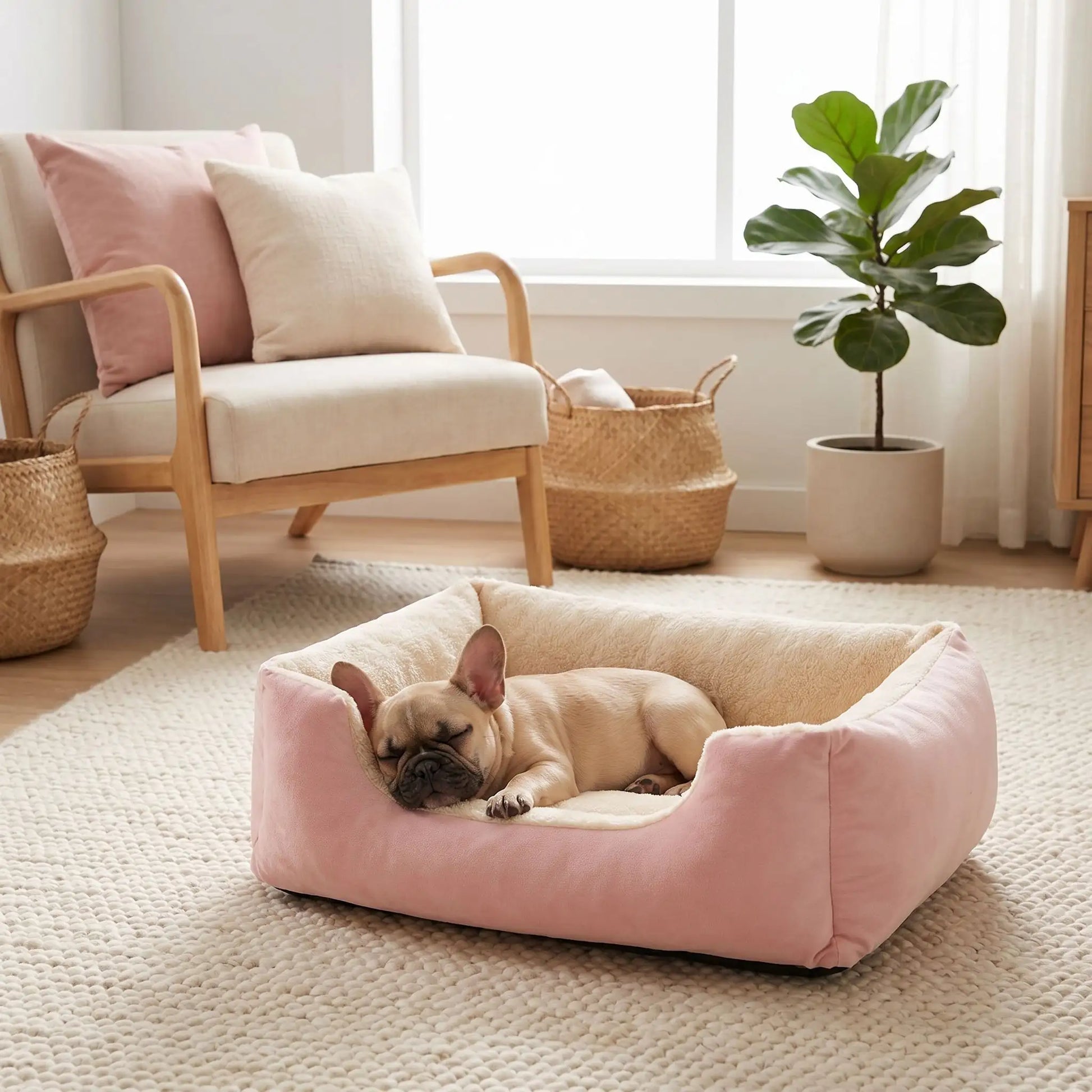 Panier-pour-chiot-confort au rembourrage 100% coton haute densité et velours doux et hypoallergénique, moelleux, douillet, chaud et respirant, avec rebord haut et surélevé, fond antidérapant et imperméable,lavable en machine ou à la main, pour chiot de 0 à 20 kg, disponible en 5 tailles du S au XXL-un chiot de  race moyenne qui dort paisiblement dans son panier doux épais et confortable comme un coussin avec rebord entourant et rassurant de couleur rose dans le salon de la maison