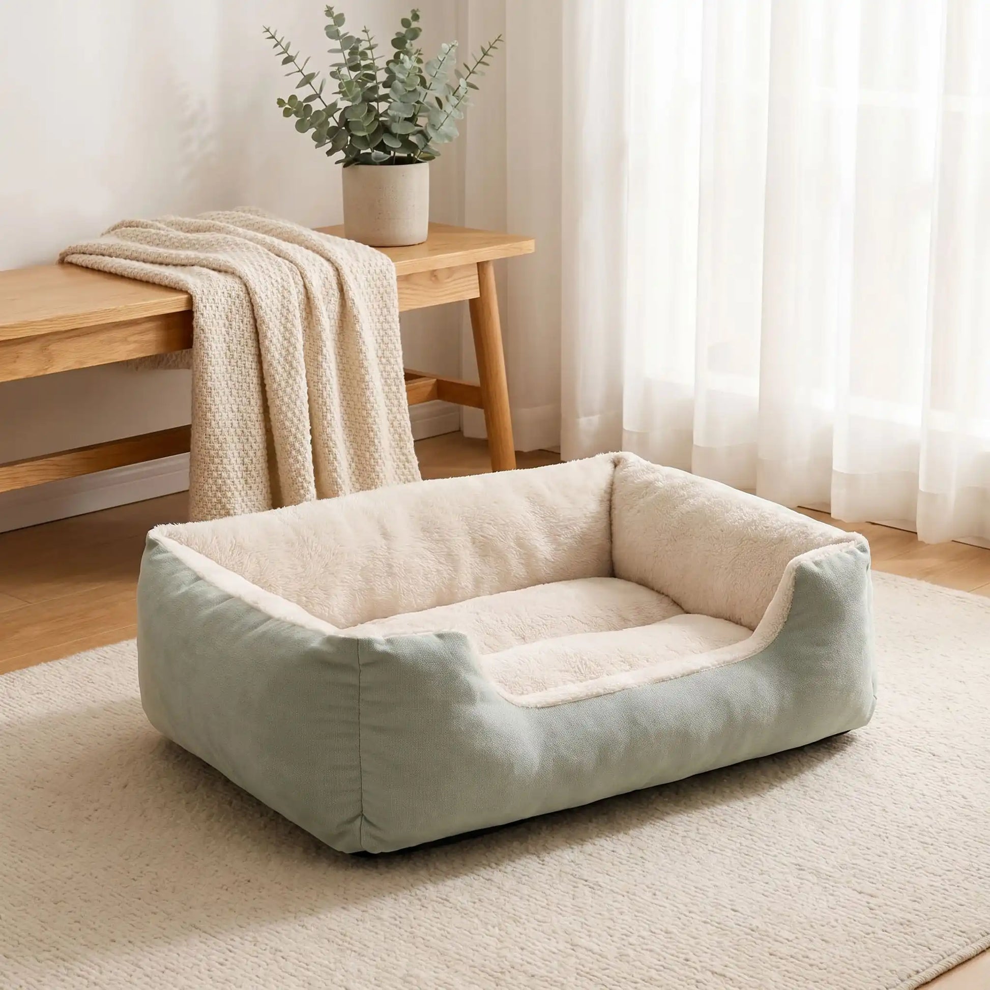 Panier-pour-chiot-confort au rembourrage 100% coton haute densité et velours doux et hypoallergénique, moelleux, douillet, chaud et respirant, avec rebord haut et surélevé, fond antidérapant et imperméable,lavable en machine ou à la main, pour chiot de 0 à 20 kg, disponible en 5 tailles du S au XXL-gros plan du panier confortable, douillet, doux, chaud et respirant pour chiot en couleur crème et vert d'eau