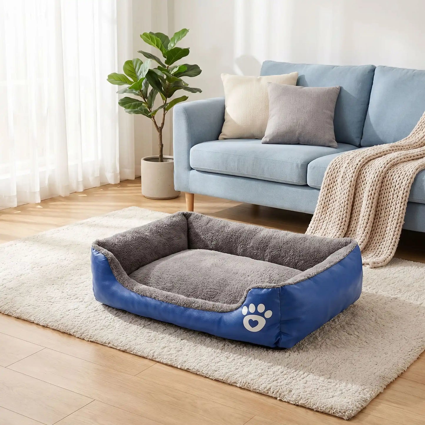 Panier-pour-chiot-douillet, intérieur en peluche ultra douce et hypoallergénique, housse en tissu résistant oxford 100% imperméable, coussin rectangulaire au rembourrage épais 100% coton haute densité, avec rebords surélevés épais et sécurisant, antidérapant et imperméable, lavable en machine, en 4 tailles de XS au L pour chiot de 0 à 20 kilos-gros plan sur le panier moelleux et ergonomique de couleur bleu avec rebords surélevé et entrée abaissée et joli design d'empreinte de pattes de chien sur le côté
