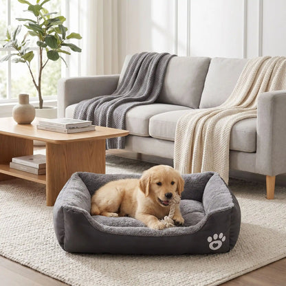 Panier-pour-chiot-douillet, intérieur en peluche ultra douce et hypoallergénique, housse en tissu résistant oxford 100% imperméable, coussin rectangulaire au rembourrage épais 100% coton haute densité, avec rebords surélevés épais et sécurisant, antidérapant et imperméable, lavable en machine, en 4 tailles de XS au L pour chiot de 0 à 20 kilos-un chiot de grande race qui mâche son jouet en corde au chaud dans son panier moelleux et ergonomique de couleur gris dans le salon de l'appartement 