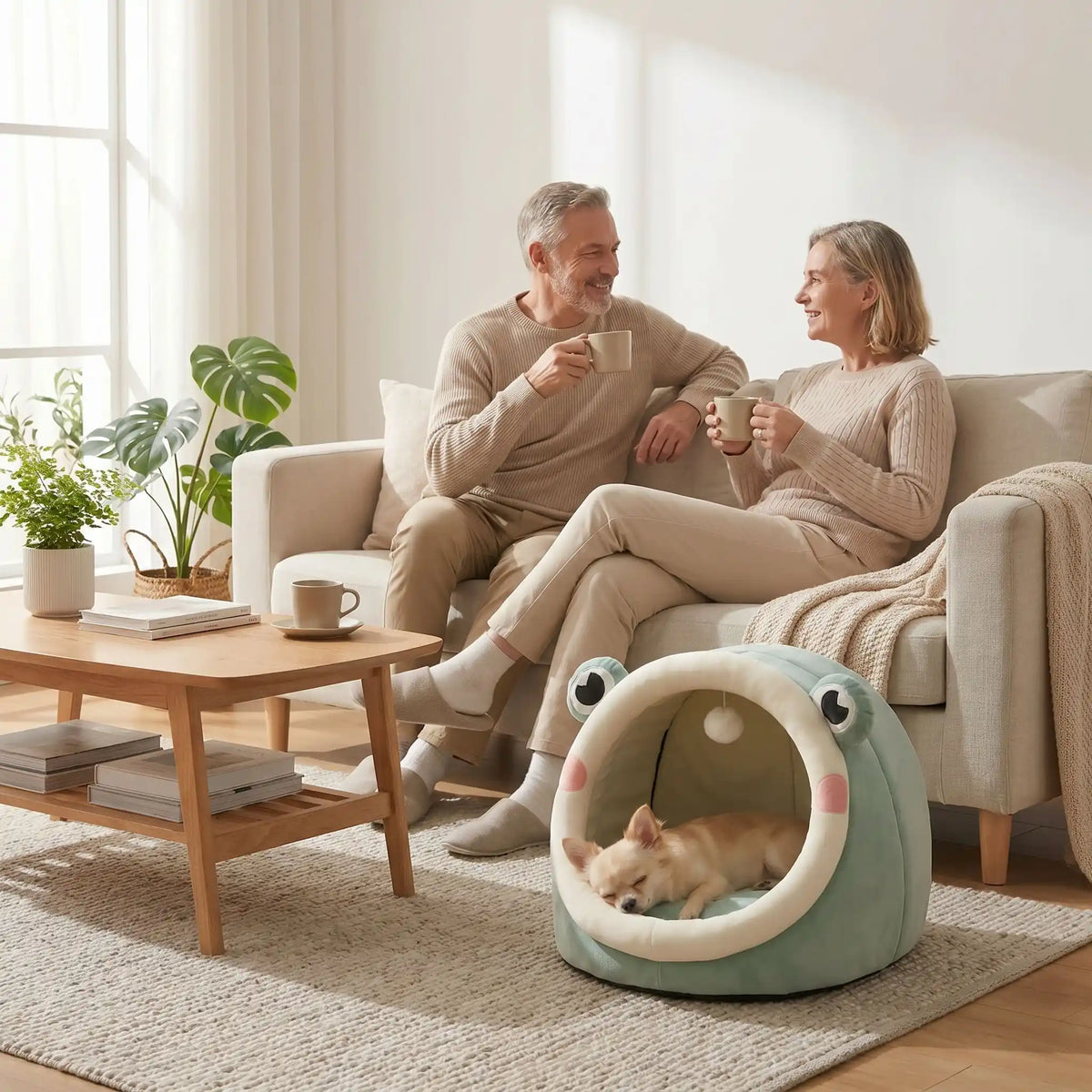 Panier-pour-chihuahua-niche-un-chien-de-race-petite-à-naine qui-est-couché-dans-son panier niche 100% coton avec son coussin intérieur  épais et douillet-en peluche et son jouet-interactif inclus en forme de balle sur une corde sur le toit du panier-un chihuahua qui dort paisiblement sur le coussin en velours niché dans son panier avec couvercle,  une niche interieure chaude et douillette au pied de ses maitres qui boivent leur café et discutent assis dans le canapé du salon de l'appartement