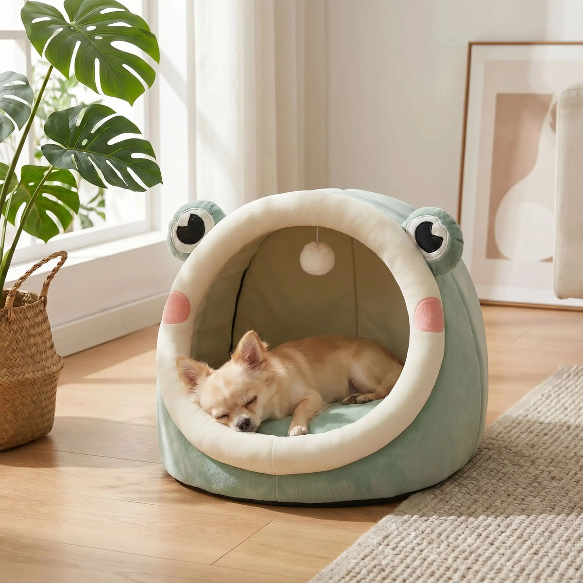 Panier-pour-chihuahua-niche-un-chien-de-race-petite-à-naine qui-est-couché-dans-son panier niche 100% coton avec son coussin intérieur  épais et douillet-en peluche et son jouet-interactif inclus en forme de balle sur une corde sur le toit du panier-un chihuahua qui dort paisiblement sur le coussin en velours niché dans son panier avec couvercle,  une niche interieure chaude et douillette pour chien miniature dans le salon de l'appartement