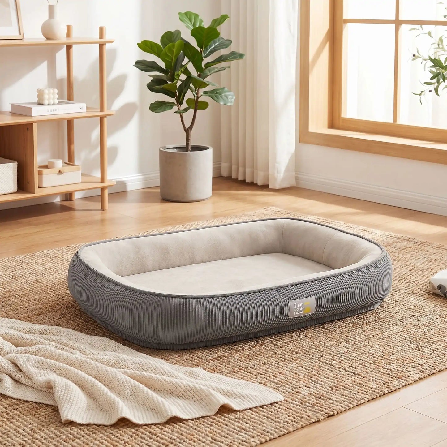 Panier-solide-pour-chien et chiot, 100% imperméable avec matelas à mémoire de forme, rembourrage 100% coton PP, coussin avec rebord cylindrique épais et entourant, housse intérieure en velours résistant aux griffes, fond antidérapant, déhoussable et lavable en machine pour chien de petite à moyenne taille de 0 à 25 kilos-gros plan sur le panier pour chien ovale, anti-stress, de couleur gris et beige en taille XL sur le sol du salon moderne de la maison