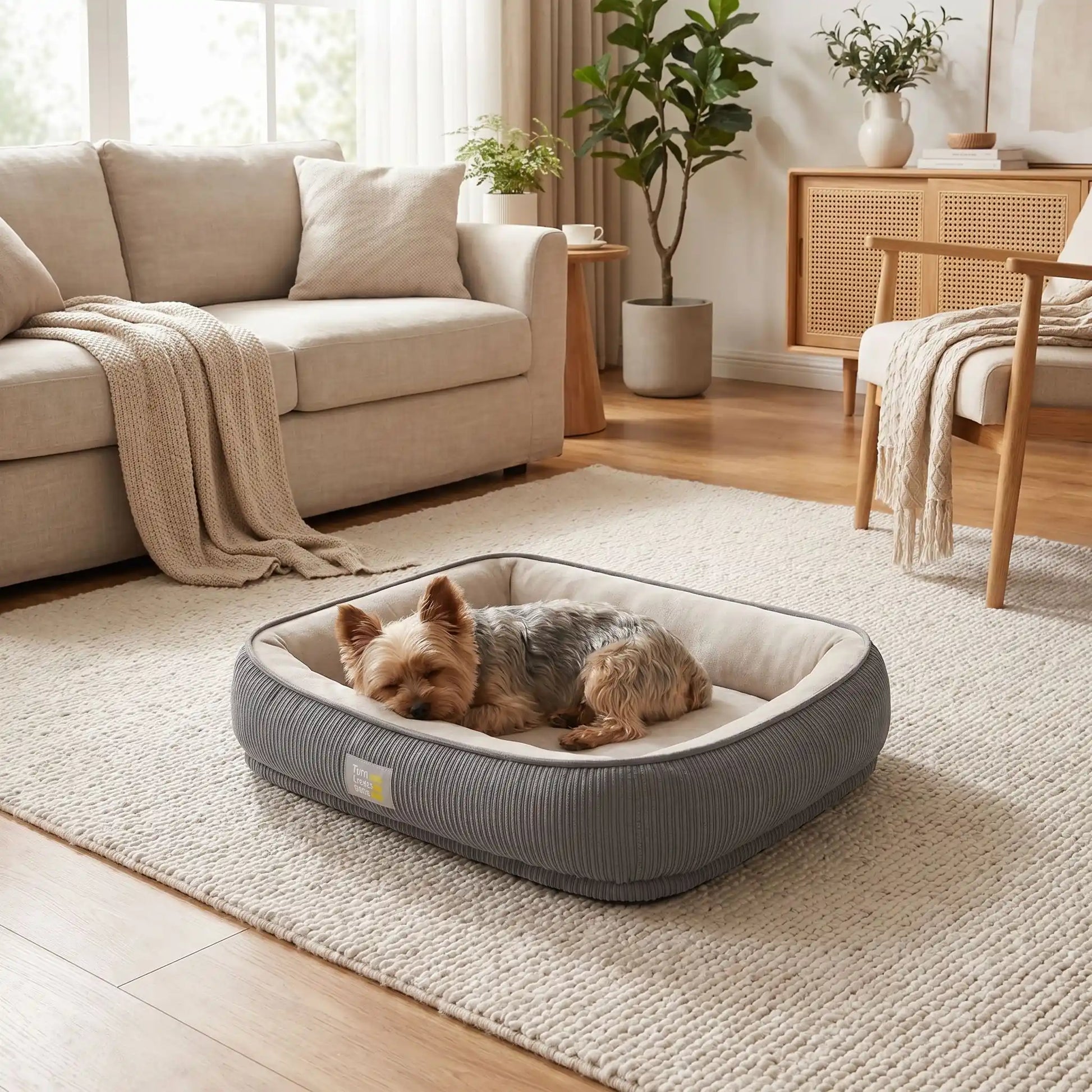 Panier-solide-pour-chien et chiot, 100% imperméable avec matelas à mémoire de forme, rembourrage 100% coton PP, coussin avec rebord cylindrique épais et entourant, housse intérieure en velours résistant aux griffes, fond antidérapant, déhoussable et lavable en machine pour chien de petite à moyenne taille de 0 à 25 kilos-un chien de petite taille qui dort paisiblement en sa tête posée sur le rebord surélevé dans son panier ovale  dans le salon de l'appartement lifestyle
