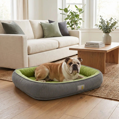 Panier-solide-pour-chien et chiot, 100% imperméable avec matelas à mémoire de forme, rembourrage 100% coton PP, coussin avec rebord cylindrique épais et entourant, housse intérieure en velours résistant aux griffes, fond antidérapant, déhoussable et lavable en machine pour chien de petite à moyenne taille de 0 à 25 kilos-un chien de moyenne taille couché confortablement dans son panier ovale  anti-stress avec rebord surélevé et apaisant avec son intérieur velours dans le salon de l'appartement