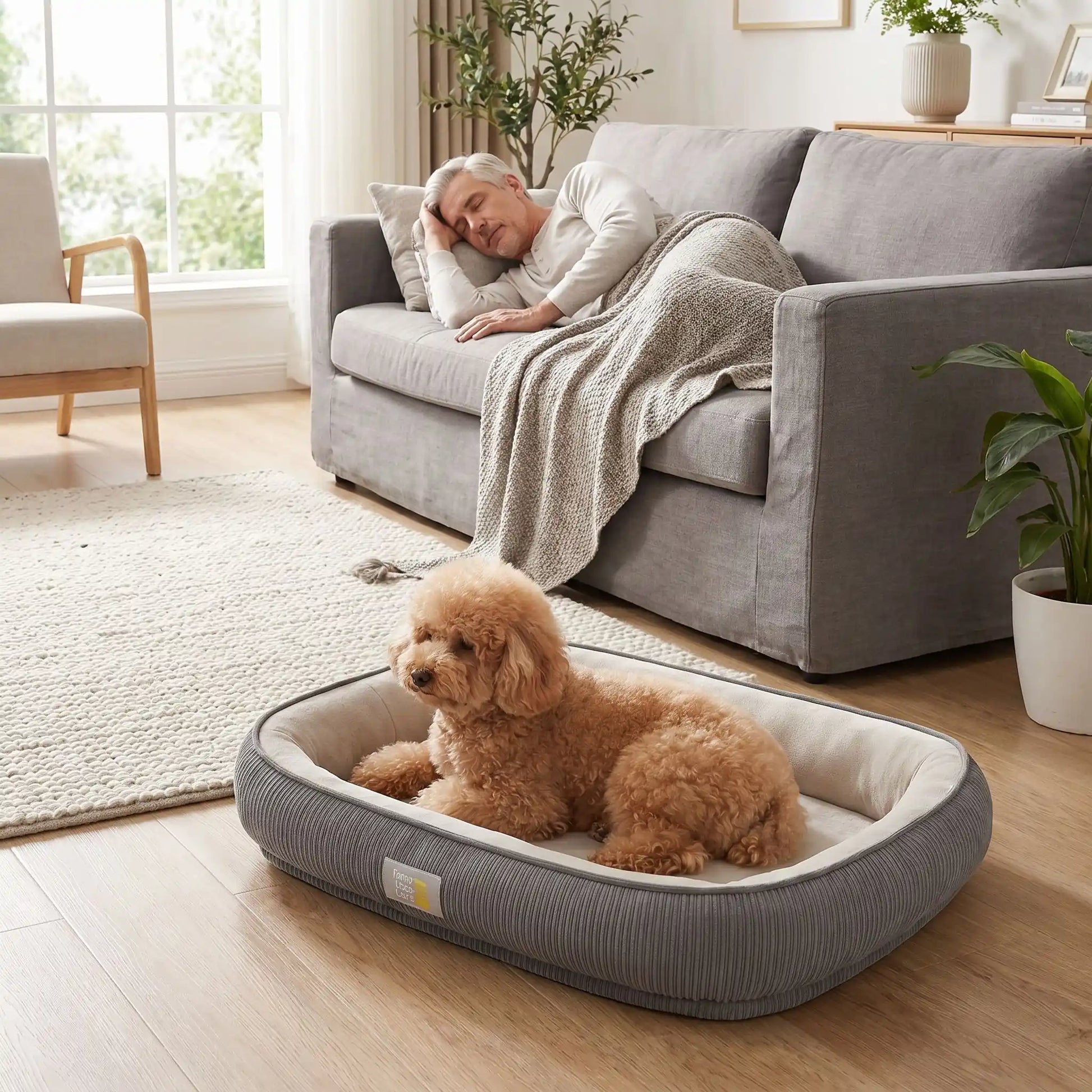 Panier-solide-pour-chien et chiot, 100% imperméable avec matelas à mémoire de forme, rembourrage 100% coton PP, coussin avec rebord cylindrique épais et entourant, housse intérieure en velours résistant aux griffes, fond antidérapant, déhoussable et lavable en machine pour chien de petite à moyenne taille de 0 à 25 kilos-un chien de moyenne taille couché confortablement dans son panier ovale  au pied du canapé ou son maitre fait la sieste dans le salon de l'appartement