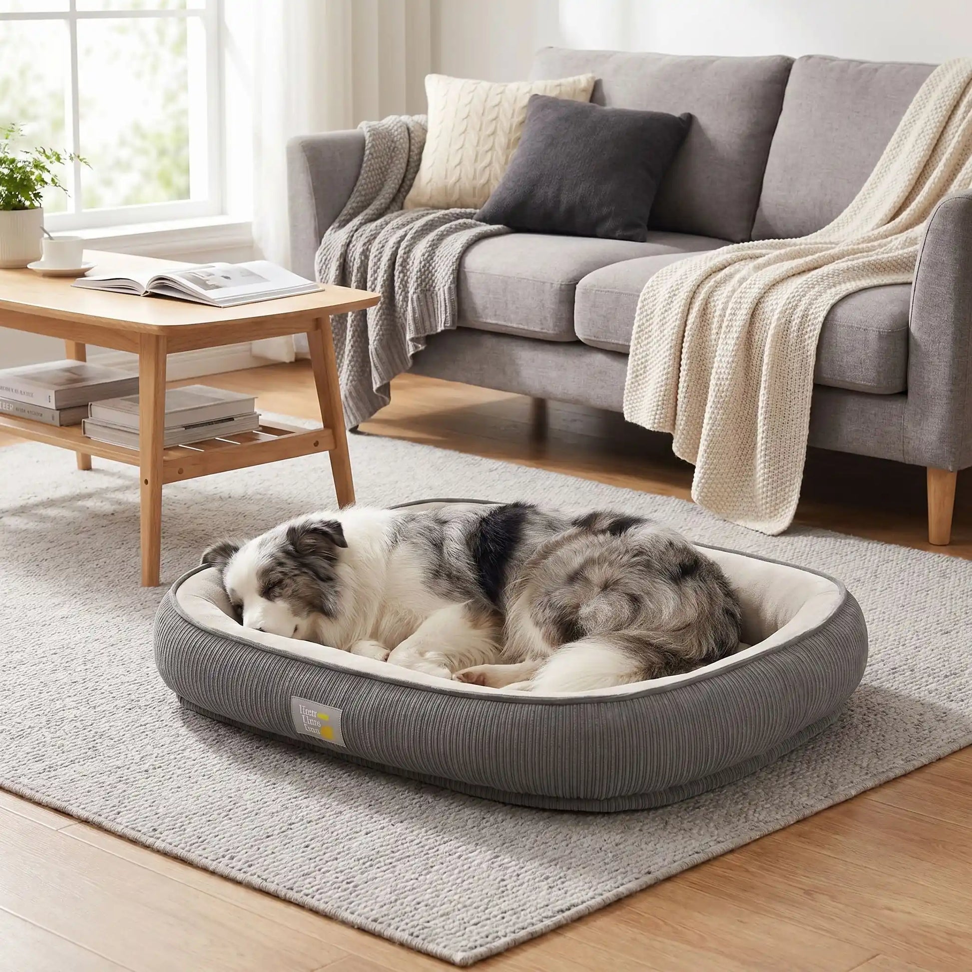 Panier-solide-pour-chien et chiot, 100% imperméable avec matelas à mémoire de forme, rembourrage 100% coton PP, coussin avec rebord cylindrique épais et entourant, housse intérieure en velours résistant aux griffes, fond antidérapant, déhoussable et lavable en machine pour chien de petite à moyenne taille de 0 à 25 kilos-un chien moyen qui dort paisiblement en boule dans son panier ovale avec rebord surélevé dans le salon de la maison lmoderne