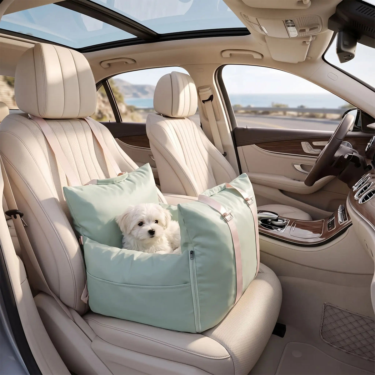 Panier-voiture-chien-chiot 2-en-1, avec ses 2 poignées de transport et sa sangle pour l'attacher facilement sur l'appuie-tête du siège, et son crochet pour attacher le chien en tout sécurité, déhoussable avec coussins à 360° au rembourrage 100% coton PP pour un cocon rassurant et sécurisant spécial chien de races naine ou toys de 0 à 3 kilos, disponible en 4 coloris- un chiot de petite race assis confortablement et attaché dans son panier transportable imperméable installé sur le siège avant passager