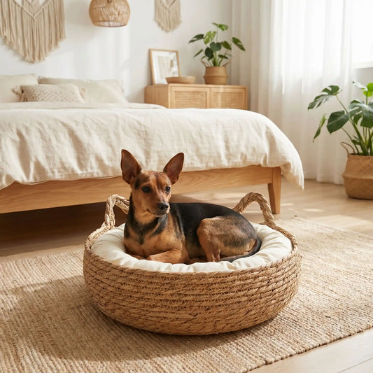Panière-chien-chiot-osier-taille-xs pour chiot et chien de race naine ou petite de 0 à 3 kg avec coussin intérieur matelassé épais et rembourré 100% coton haute densité lavable en machine-un Pinscher nain couché confortablement dans son panier en osier rond sur le coussin avec rebord épais et moelleux de couleur blanc au pied du lit de son maitre dans la chambre de la maison