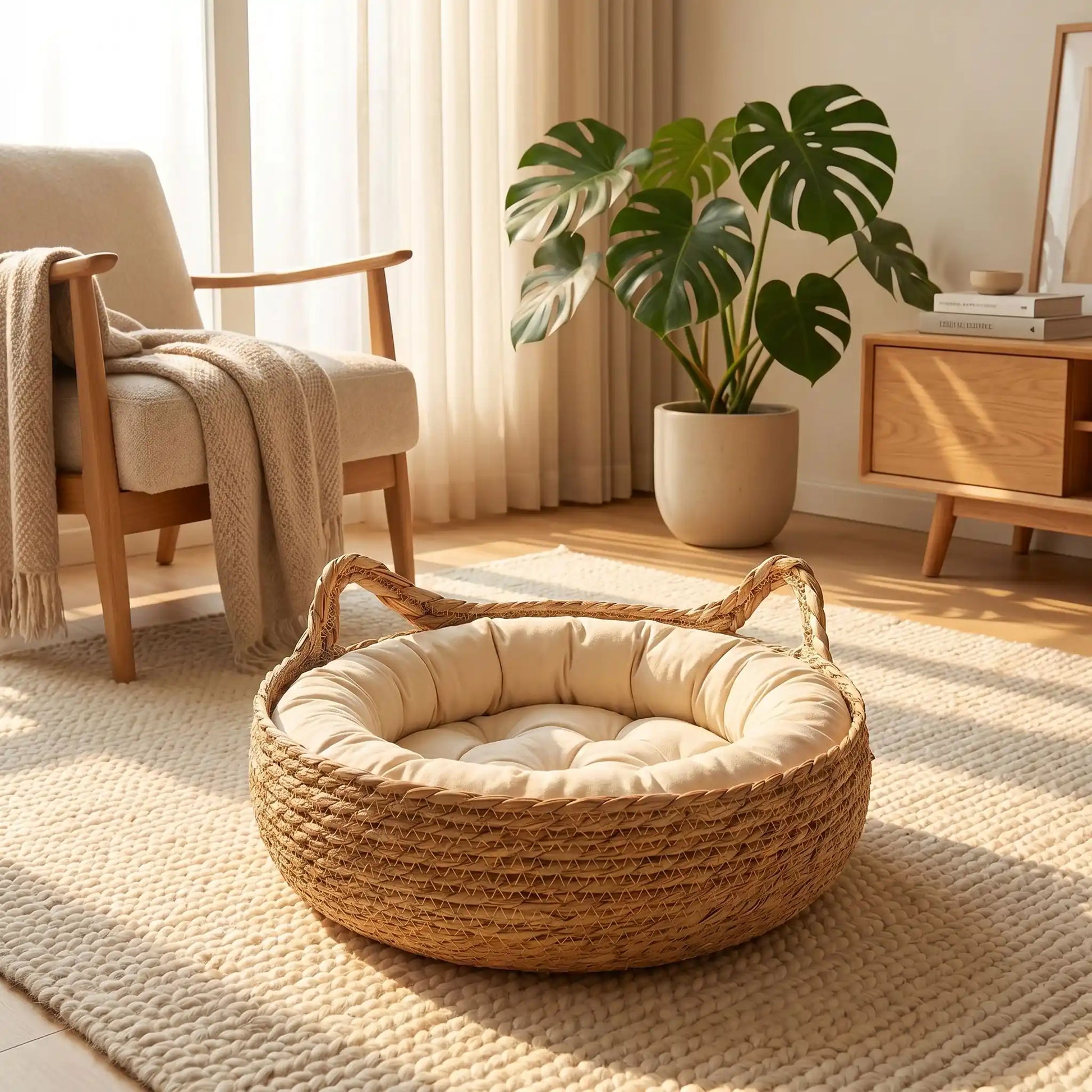 Panière-chien-chiot-osier-taille-xs pour chiot et chien de race naine ou petite de 0 à 3 kg avec coussin intérieur matelassé épais et rembourré 100% coton haute densité , matériaux 100% naturels, hypoallergénique et écoresponsable , lavable en machine-gros plan sur le panier en osier rond avec son coussin à rebord épais et moelleux de couleur blanc sur le sol du salon de l'appartement