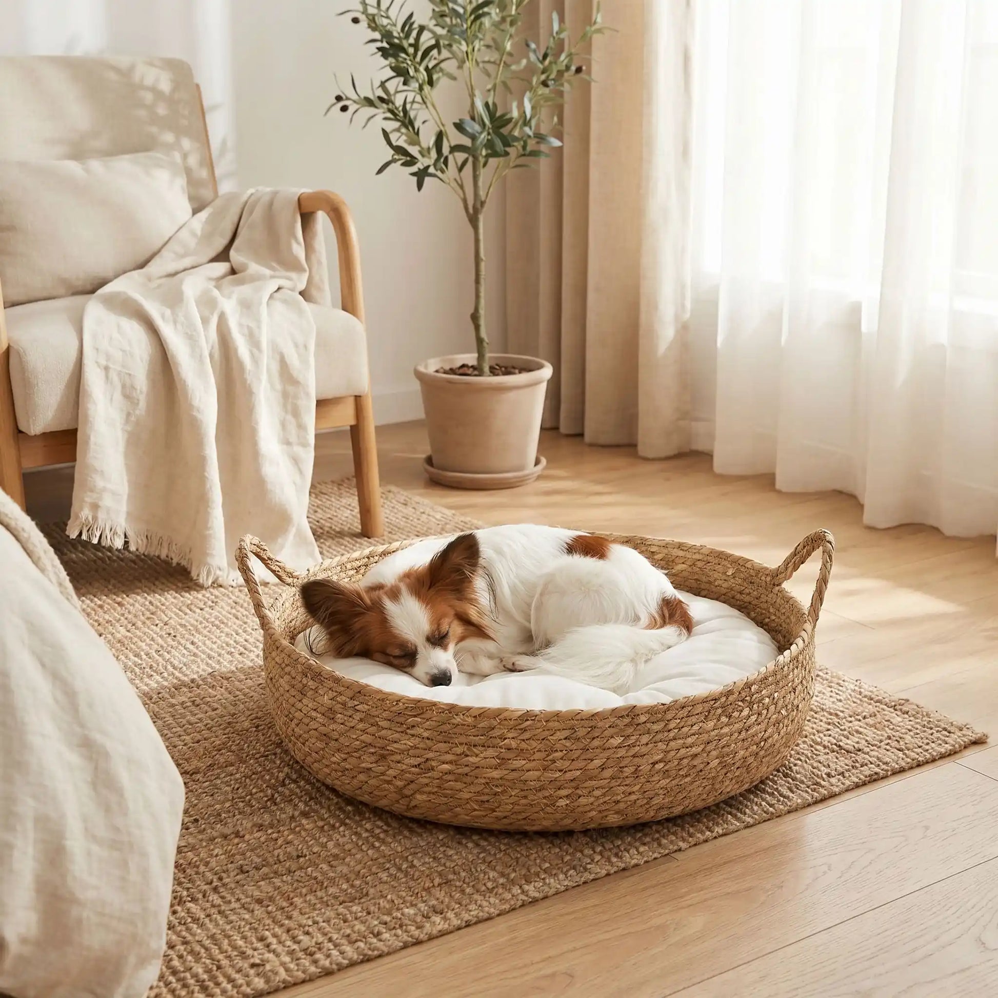 Panière-chien-chiot-osier-taille-xs pour chiot et chien de race naine ou petite de 0 à 3 kg avec coussin intérieur matelassé épais et rembourré 100% coton haute densité lavable en machine-un épagneul breton qui dort paisiblement dans son panier en osier rond sur le coussin avec rebord épais et moelleux de couleur blanc sur le sol de la chambre de l'appartement