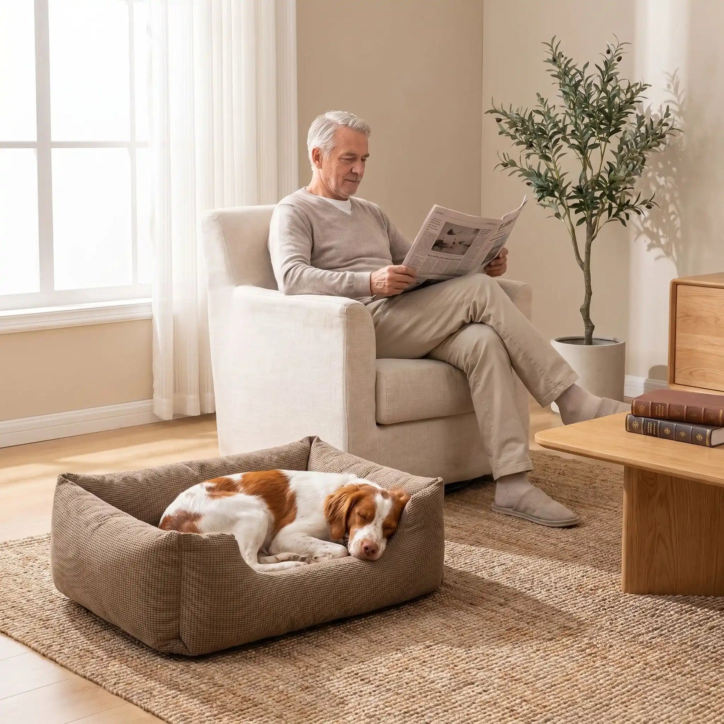 Paniers- pour chiens chiots entièrement déhoussable et lavable en machine, et 5 coussins ergonomiques 100% coton haute résilience à mémoire de forme, imperméable et antidérapant, avec rebords surélevés et housse  imperméable résistante aux griffes, intérieur en velours hypoallergénique, ultra-doux et solide disponible en 3 tailles S, M et L pour chiot et chien de 0 à 20 kilos -un chien de taille moyenne qui dort paisiblement en boule dans le panier moelleux au pied de son maitre dans le salon de la maison