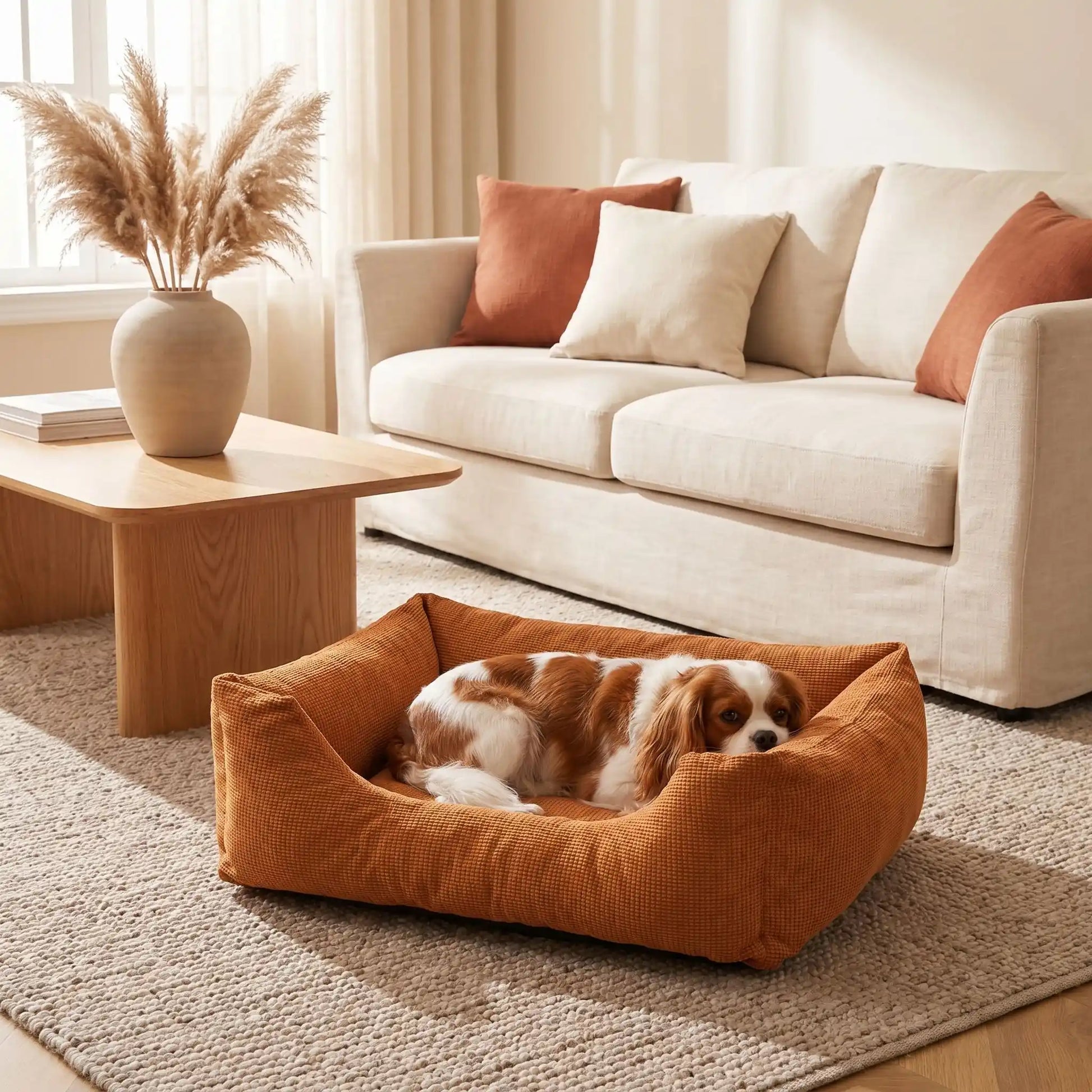 Paniers- pour chiens chiots entièrement déhoussable et lavable en machine, et 5 coussins ergonomiques 100% coton haute résilience à mémoire de forme, imperméable et antidérapant, avec rebords surélevés et housse  imperméable résistante aux griffes, intérieur en velours hypoallergénique, ultra-doux et solide disponible en 3 tailles S, M et L pour chiot et chien de 0 à 20 kilos max-un chien de taille moyenne qui dort paisiblement sa tête posé sur le rebord rembourré du panier dans le salon de la maison
