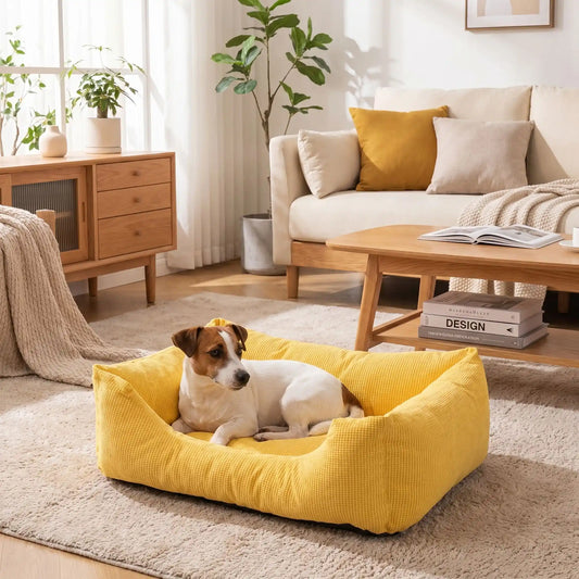 Paniers- pour chiens chiots entièrement déhoussable et lavable en machine, et 5 coussins ergonomiques 100% coton haute résilience à mémoire de forme, imperméable et antidérapant, avec rebords surélevés et housse  imperméable résistante aux griffes, intérieur en velours hypoallergénique, ultra-doux et solide disponible en 3 tailles S, M et L pour chiot et chien de 0 à 20 kilos max-un chien de petite taille couché confortablement dans son  panier rembourré avec rebord 360° jaune dans le salon de l'appartement