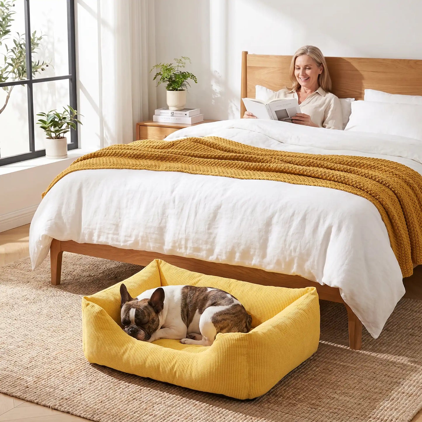Paniers- pour chiens chiots entièrement déhoussable et lavable en machine, et 5 coussins ergonomiques 100% coton haute résilience à mémoire de forme, imperméable et antidérapant, avec rebords surélevés et housse  imperméable résistante aux griffes, intérieur en velours hypoallergénique, ultra-doux et solide disponible en 3 tailles S, M et L pour chiot et chien de 0 à 20 kilos max-un chien race moyenne qui dort paisiblement niché dans son  panier rembourré au pied du lit de sa maitresse dans la chambre cosy