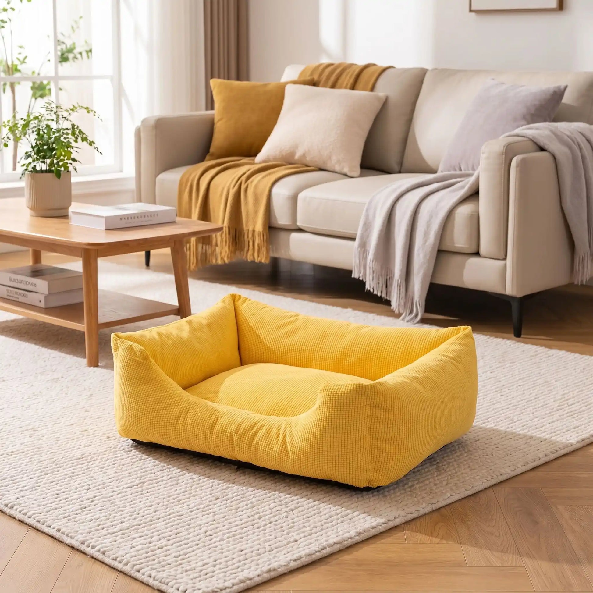 Paniers- pour chiens chiots entièrement déhoussable et lavable en machine, et 5 coussins ergonomiques 100% coton haute résilience à mémoire de forme, imperméable et antidérapant, avec rebords surélevés et housse  imperméable résistante aux griffes, intérieur en velours hypoallergénique, ultra-doux et solide disponible en 3 tailles S, M et L pour chiot et chien de 0 à 20 kilos max-gros plan sur la panier pour chien de couleur jaune chic rectangulaire, dehoussable lavable en machine et rembourré 