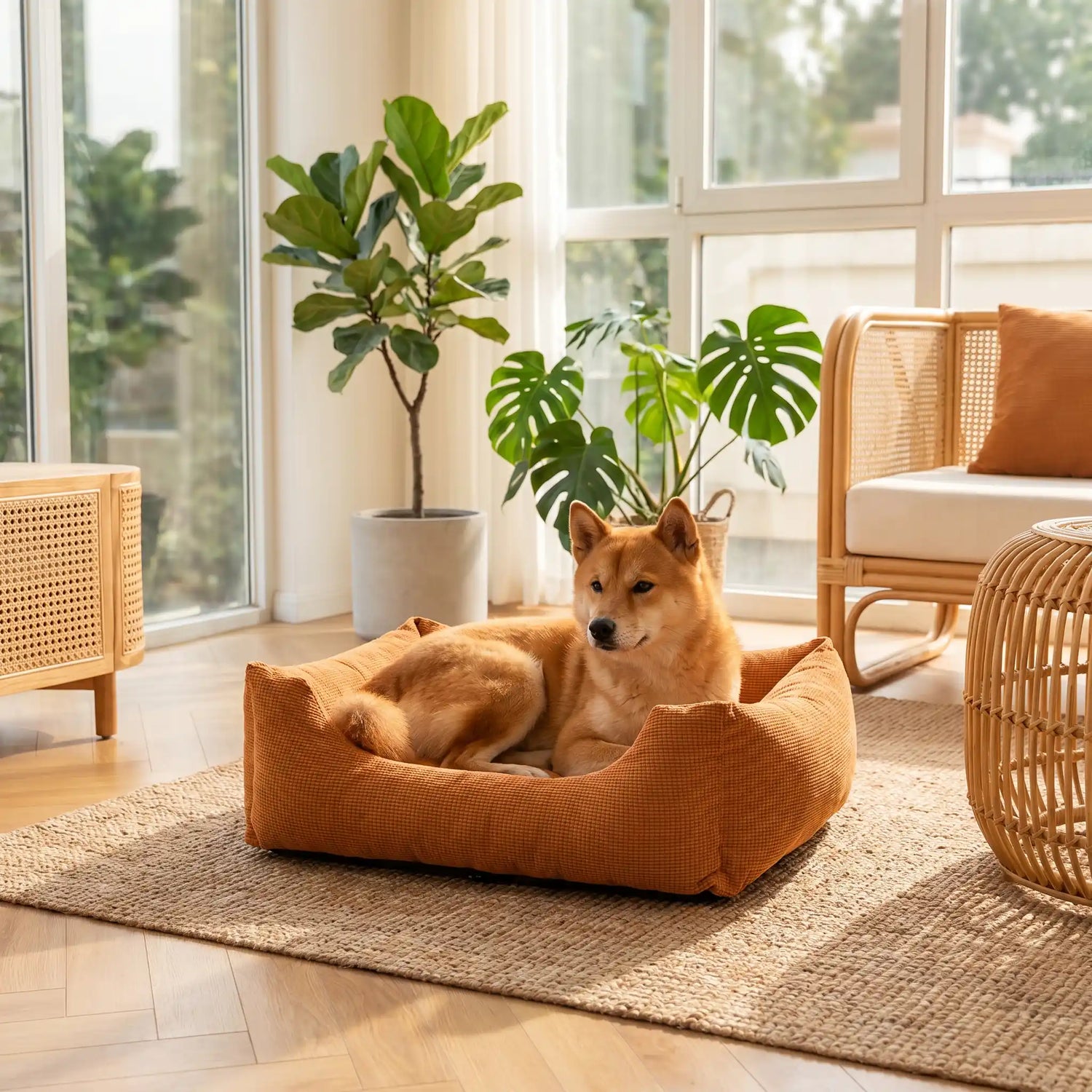 Paniers- pour chiens chiots entièrement déhoussable et lavable en machine, et 5 coussins ergonomiques 100% coton haute résilience à mémoire de forme, imperméable et antidérapant, avec rebords surélevés et housse  imperméable résistante aux griffes, intérieur en velours hypoallergénique, ultra-doux et solide disponible en 3 tailles S, M et L pour chiot et chien de 0 à 20 kilos max-un chien moyen couché confortablement dans le panier moelleux ,douillet et entourant en tissu orange dans le véranda du salon 