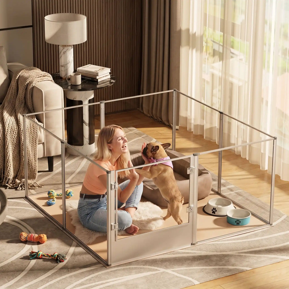 Parc-pour-chien et chiot intérieur avec cloisons-transparentes et sa structure aluminium aéronautique inoxydable , modulable en carré ou rectangulaire, porte double verrou, vision 360° anti stress et anti anxiété pour les mises à bas, chiot, chien de petite et moyenne taille, modèle xxl de 122x122x61 cm-une maitresse qui joue avec son chien dans le parc xl avec cloisons transparentes pour vision 360° , anti morsure avec ses parois lisses et anti évasion et sa porte verouillée dans le salon de l'appartement