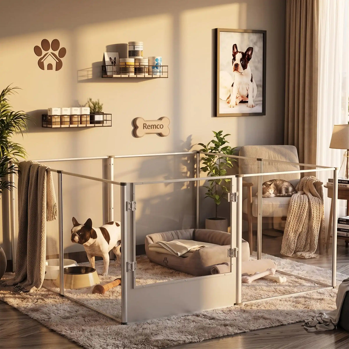 Parc-pour-chien et chiot intérieur avec cloisons-transparentes et sa structure aluminium aéronautique inoxydable , modulable en carré ou rectangulaire, porte double verrou, vision 360° anti stress et anti anxiété pour les mises à bas, chiot, chien de petite et moyenne taille, modèle xxl de 122x122x61 cm-une petit chien dans son parc xl avec cloisons transparentes pour une vision 360° , anti morsure avec ses parois lisses et anti évasion et sa porte verouillée avec sa station d'alimentation et couchage 