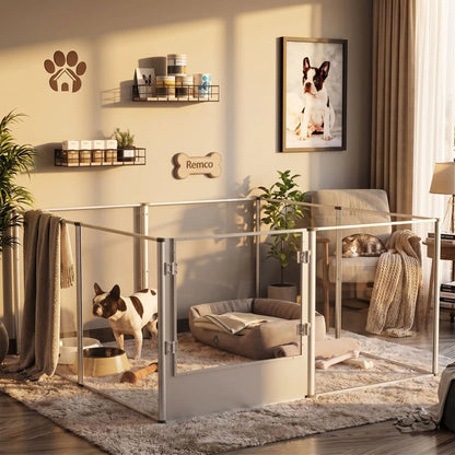 Parc-pour-chien et chiot intérieur avec cloisons-transparentes et sa structure aluminium aéronautique inoxydable , modulable en carré ou rectangulaire, porte double verrou, vision 360° anti stress et anti anxiété pour les mises à bas, chiot, chien de petite et moyenne taille, modèle xxl de 122x122x61 cm-une petit chien dans son parc xl avec cloisons transparentes pour une vision 360° , anti morsure avec ses parois lisses et anti évasion et sa porte verouillée avec sa station d'alimentation et couchage 