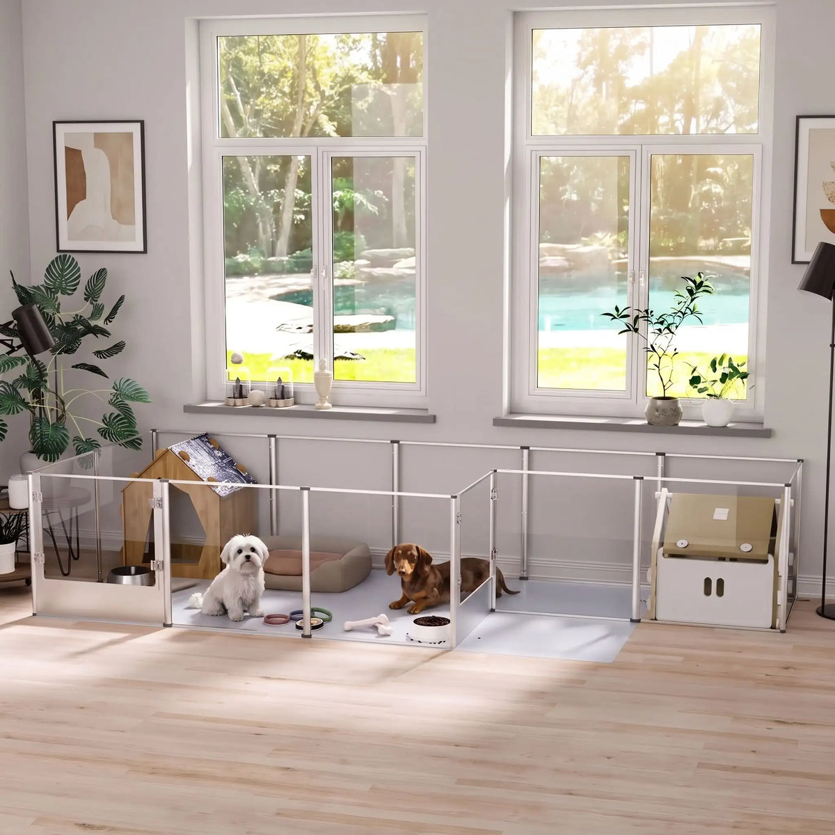 Parc-pour-chien et chiot intérieur avec cloisons-transparentes et sa structure aluminium aéronautique inoxydable , modulable en carré ou rectangulaire, porte double verrou, vision 360° anti stress et anti anxiété pour les mises à bas, chiot, chien de petite et moyenne taille, modèle xxl de 122x122x61 cm-Deux petits chiens quise reposent dans les deux parc assemblé avec cloisons transparentes pour une vision 360° , anti morsure avec ses parois lisses et anti évasion et sa porte verouillée dans le salon