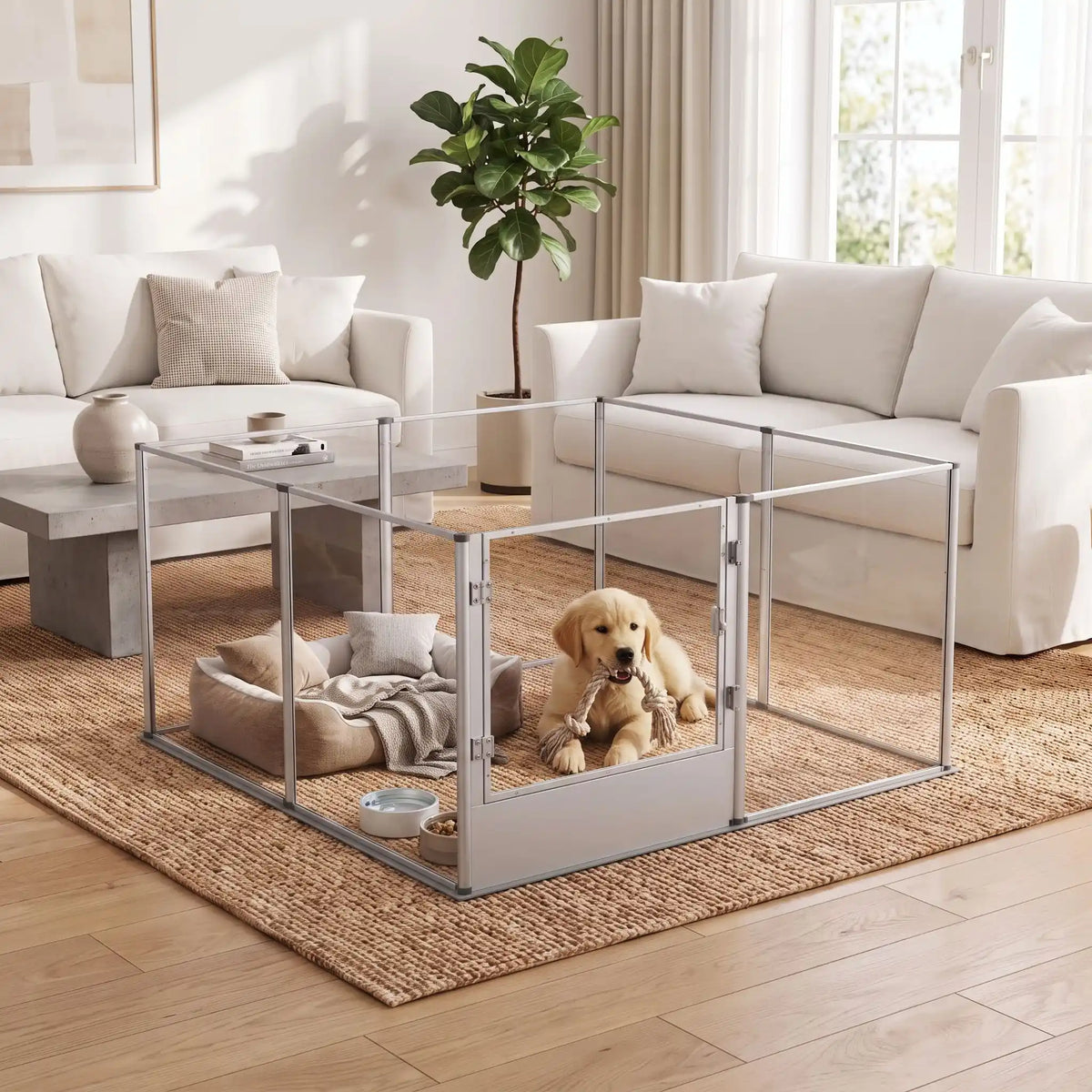 Parc-pour-chien et chiot intérieur avec cloisons-transparentes et sa structure aluminium aéronautique inoxydable , modulable en carré ou rectangulaire, porte double verrou, vision 360° anti stress et anti anxiété pour les mises à bas, chiot, chien de petite et moyenne taille, modèle xxl de 122x122x61 cm-un chiot de moyenne taille qui se repose dans son parc xl avec cloisons transparentes pour une vision 360° , anti morsure avec ses parois lisses et anti évasion et sa porte verouillée dans le salon