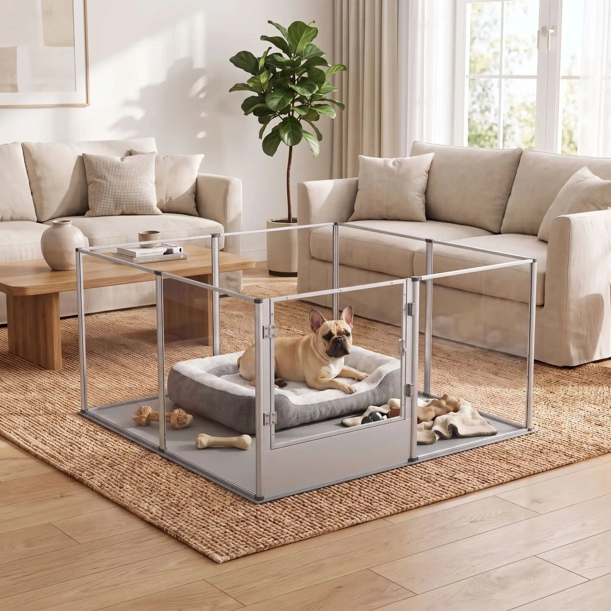 Parc-pour-chien et chiot intérieur avec cloisons-transparentes et sa structure aluminium aéronautique inoxydable , modulable en carré ou rectangulaire, porte double verrou, vision 360° anti stress et anti anxiété pour les mises à bas, chiot, chien de petite et moyenne taille, modèle xxl de 122x122x61 cm-un chien de moyenne taille qui se repose dans son parc xl avec cloisons transparentes pour une vision 360° , anti morsure avec ses parois lisses et anti évasion et sa porte verouillée dans le salon