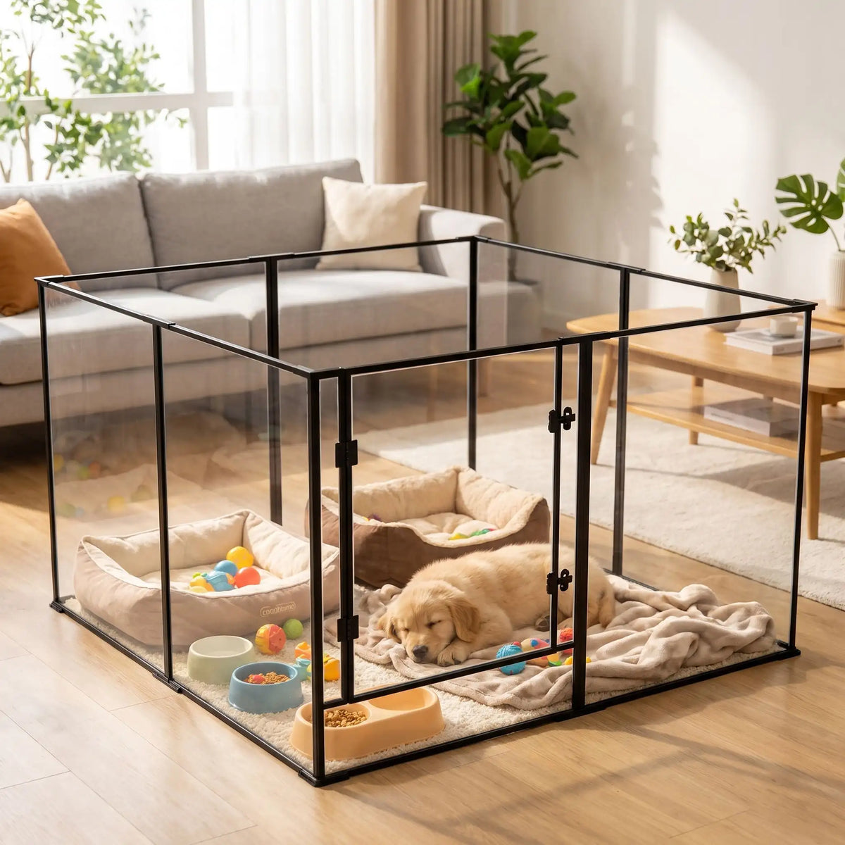 Parc-intérieur-pour-chien-chiot-cloisons-transparentes avec sa structure aluminium aéronautique , modulable en forme carré ou rectangulaire, avec porte verrouillable, vision 360° anti stress et anti anxiété pour les mises à bas, chiot, chien de petite et moyenne taille, disponible en deux modèles de 122x122x61cm et 122x122x76,5 cm- un chiot golden qui dort paisiblement dans son parc aux cloisons transparentes pour une vision 360° sans risque de blessure avec parois lisses, anti évasion et porte verouillée 