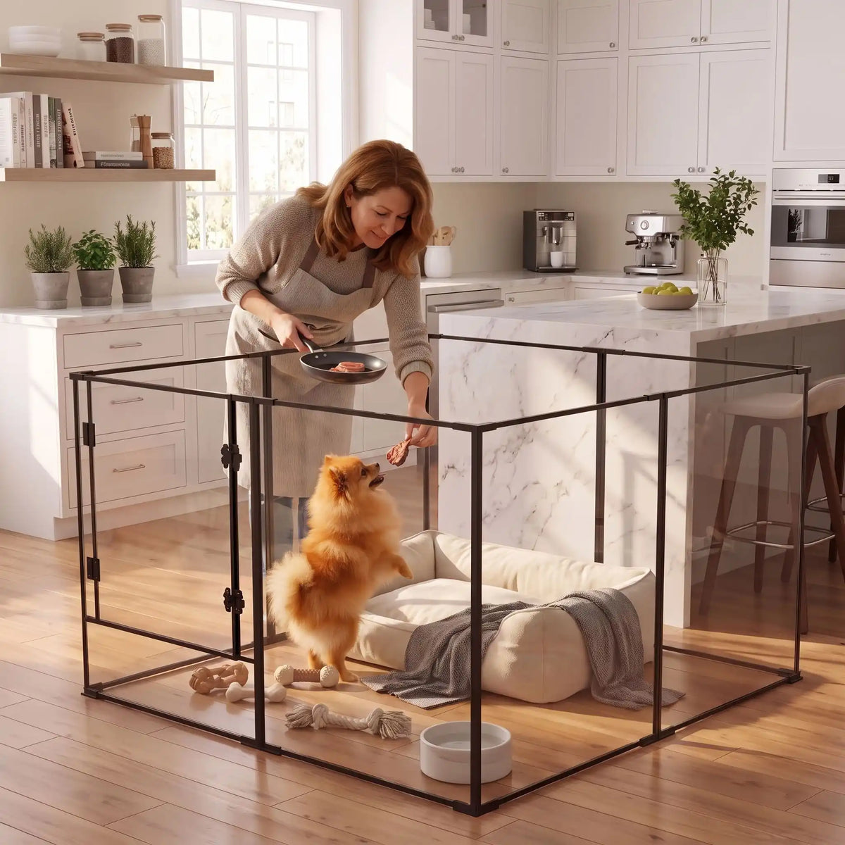 Parc-intérieur-pour-chien-chiot-cloisons-transparentes avec sa structure aluminium aéronautique , modulable en forme carré ou rectangulaire, avec porte verrouillable, vision 360° anti stress et anti anxiété pour les mises à bas, chiot, chien de petite et moyenne taille, disponible en deux modèles de 122x122x61cm et 122x122x76,5 cm- un petit chien qui mange le bout de viande proposé par sa maitresse dans son parc avec cloisons transparentes pour une vision 360° dans la cuisine de la maison