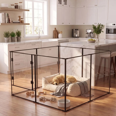 Parc-intérieur-pour-chien-chiot-cloisons-transparentes avec sa structure aluminium aéronautique , modulable en forme carré ou rectangulaire, avec porte verrouillable, vision 360° anti stress et anti anxiété pour les mises à bas, chiot, chien de petite et moyenne taille, disponible en deux modèles de 122x122x61cm et 122x122x76,5 cm- un chiot qui dort paisiblement dans son parc avec cloisons transparentes pour une vision 360° , anti morsure avec ses parois lisses et anti évasion et sa porte verouillée 