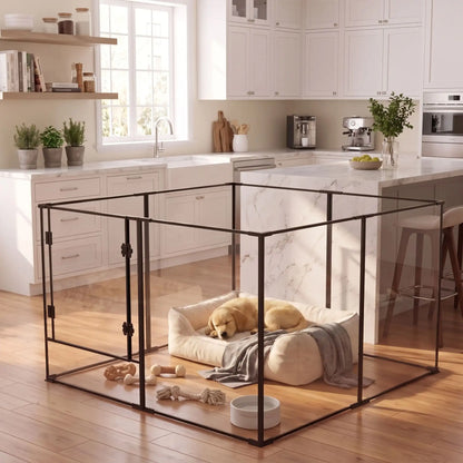 Parc-intérieur-pour-chien-chiot-cloisons-transparentes avec sa structure aluminium aéronautique , modulable en forme carré ou rectangulaire, avec porte verrouillable, vision 360° anti stress et anti anxiété pour les mises à bas, chiot, chien de petite et moyenne taille, disponible en deux modèles de 122x122x61cm et 122x122x76,5 cm- un chiot qui dort paisiblement dans son parc avec cloisons transparentes pour une vision 360° , anti morsure avec ses parois lisses et anti évasion et sa porte verouillée 