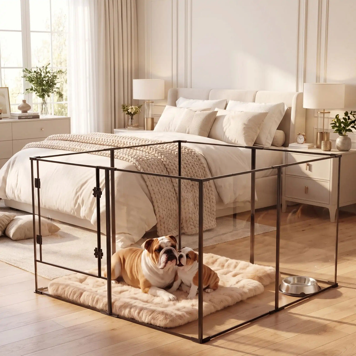 Parc-intérieur-pour-chien-chiot-cloisons-transparentes avec sa structure aluminium aéronautique , modulable en forme carré ou rectangulaire, avec porte verrouillable, vision 360° anti stress et anti anxiété pour les mises à bas, chiot, chien de petite et moyenne taille, disponible en deux modèles de 122x122x61cm et 122x122x76,5 cm- un chien et son chiot couchés dans leur parc avec cloisons transparentes pour une vision 360° , avec ses parois lisses et anti évasion et sa porte verouillée dans la chambre