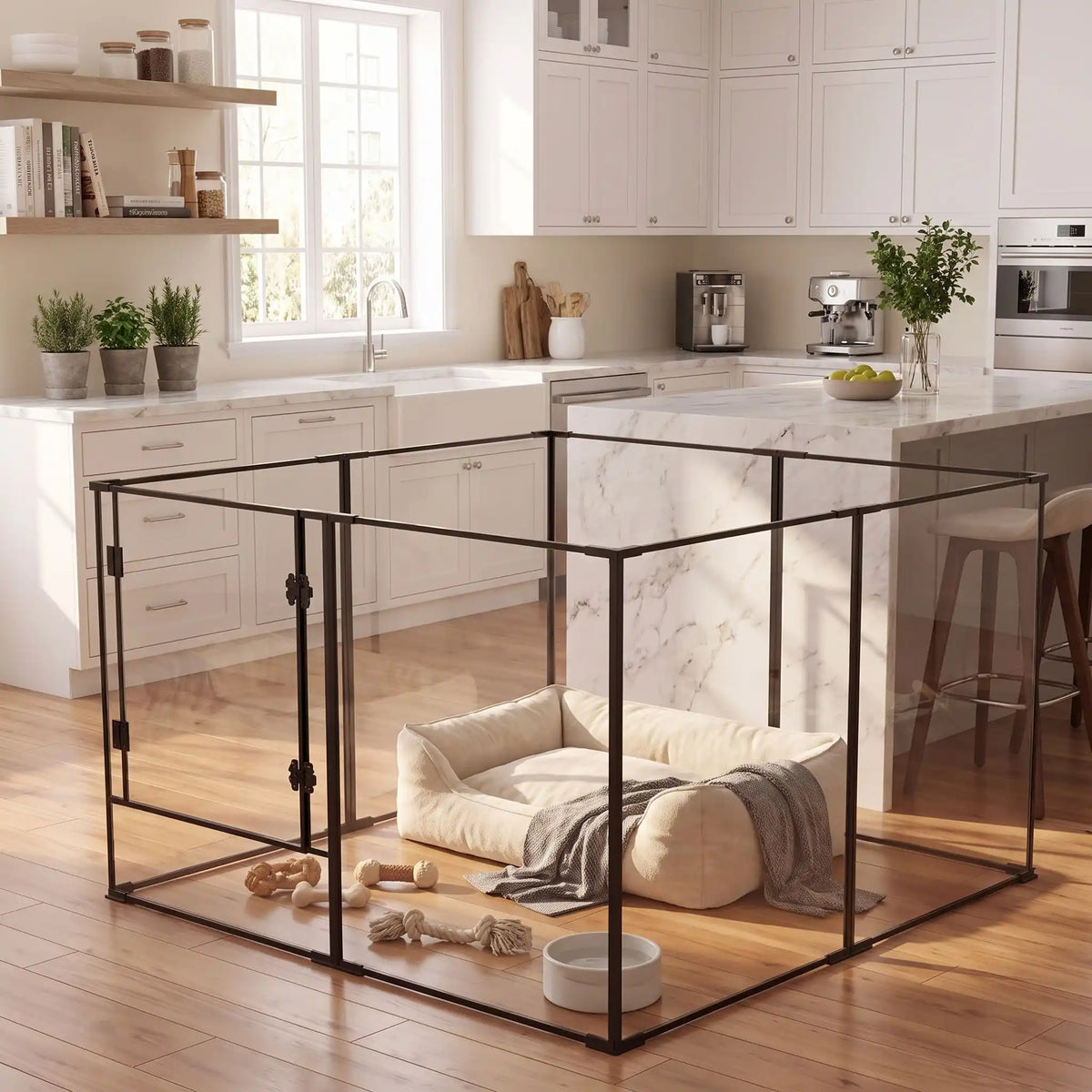 Parc-intérieur-pour-chien-chiot-cloisons-transparentes avec sa structure aluminium aéronautique , modulable en forme carré ou rectangulaire, avec porte verrouillable, vision 360° anti stress et anti anxiété pour les mises à bas, chiot, chien de petite et moyenne taille, disponible en deux modèles de 122x122x61cm et 122x122x76,5 cm- gros plan sur le parc pour chiot ou chien avec cloisons transparentes pour une vision 360° , anti morsure avec ses parois lisses et anti évasion et sa porte verouillée 