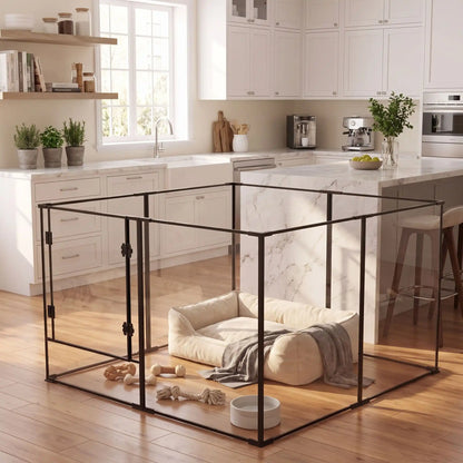 Parc-intérieur-pour-chien-chiot-cloisons-transparentes avec sa structure aluminium aéronautique , modulable en forme carré ou rectangulaire, avec porte verrouillable, vision 360° anti stress et anti anxiété pour les mises à bas, chiot, chien de petite et moyenne taille, disponible en deux modèles de 122x122x61cm et 122x122x76,5 cm- gros plan sur le parc pour chiot ou chien avec cloisons transparentes pour une vision 360° , anti morsure avec ses parois lisses et anti évasion et sa porte verouillée 