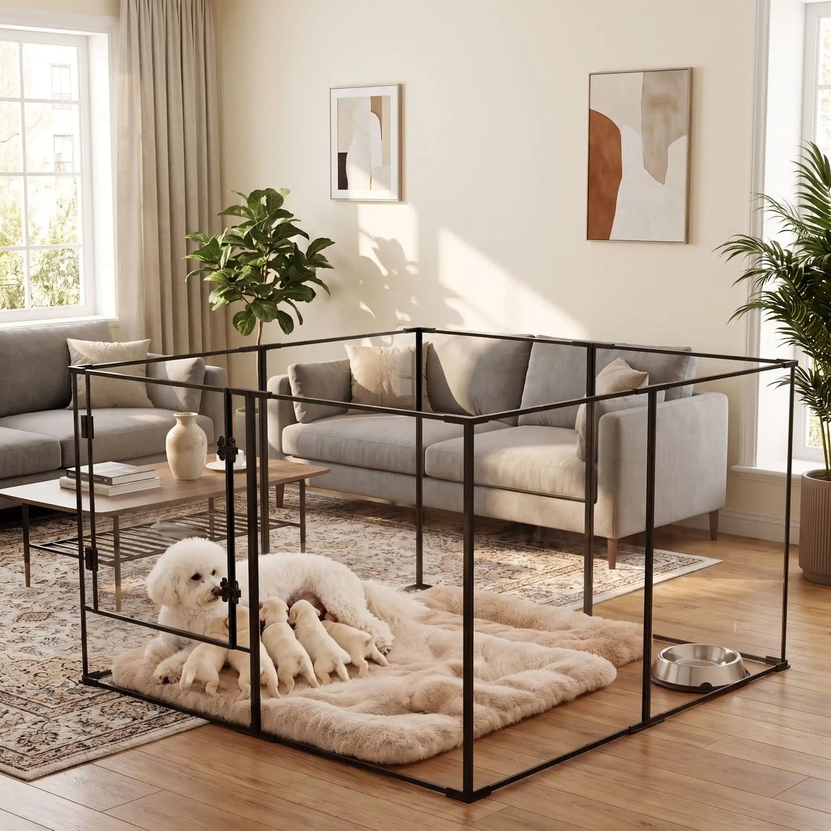 Parc-intérieur-pour-chien-chiot-cloisons-transparentes avec sa structure aluminium aéronautique , modulable en forme carré ou rectangulaire, avec porte verrouillable, vision 360° anti stress et anti anxiété pour les mises à bas, chiot, chien de petite et moyenne taille, disponible en deux modèles de 122x122x61cm et 122x122x76,5 cm- un chien qui allaite ses chiots paisiblement dans son parc avec cloisons transparentes pour une vision 360° , anti morsure avec ses parois lisses et anti évasion dans le salon 