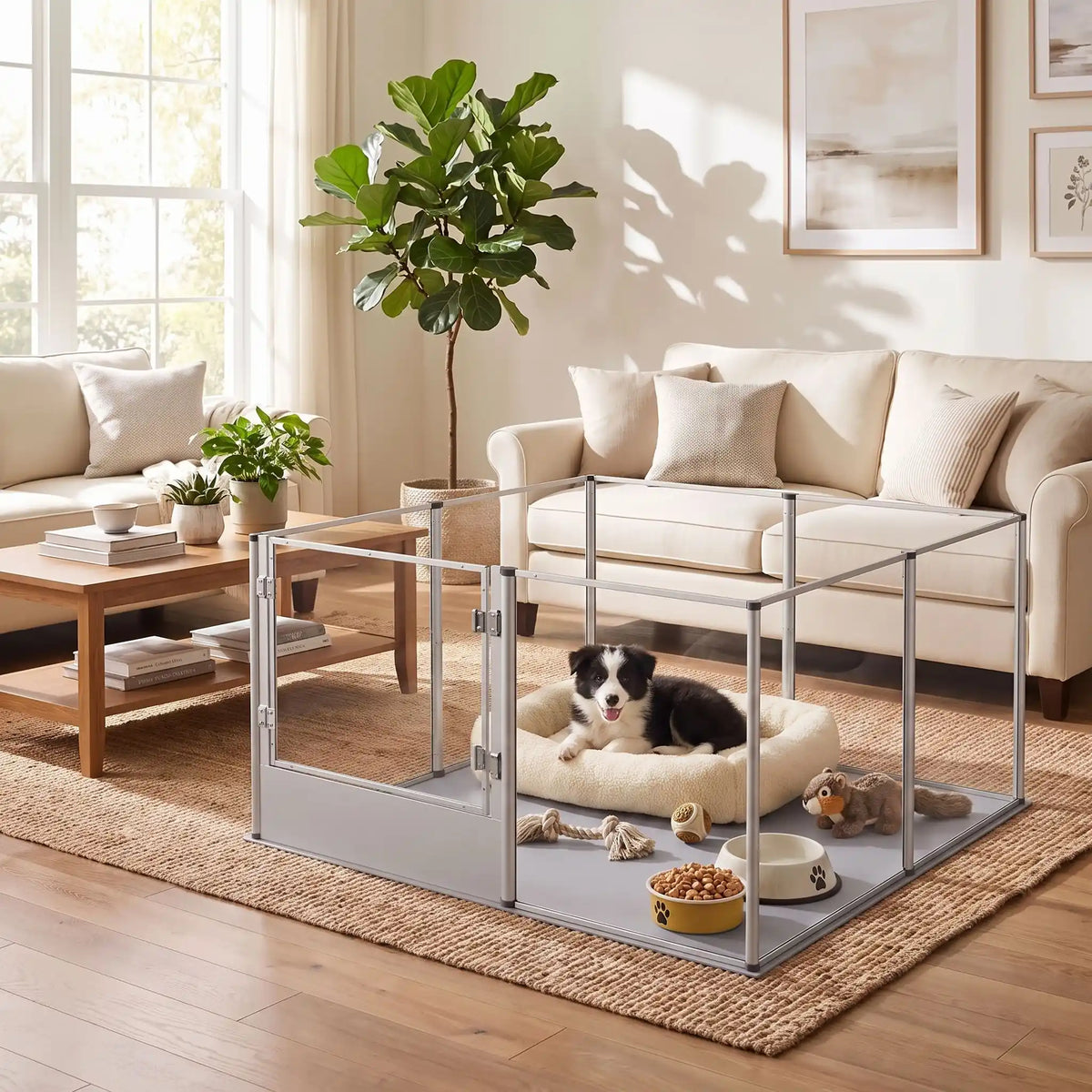 Parc-pour-chien et chiot intérieur avec cloisons-transparentes et sa structure aluminium aéronautique , modulable en forme carré ou rectangulaire, porte double verrou, vision 360° anti stress et anti anxiété pour les mises à bas, chiot, chien de petite, moyenne et grande taille, modèle xxl de 132x132x80,5 cm-un chiot couché confortablement dans son parc xxl avec cloisons transparentes pour une vision 360° , anti morsure avec ses parois lisses et anti évasion et sa porte verouillée dans le salon de la maison