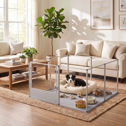 Parc-pour-chien et chiot intérieur avec cloisons-transparentes et sa structure aluminium aéronautique , modulable en forme carré ou rectangulaire, porte double verrou, vision 360° anti stress et anti anxiété pour les mises à bas, chiot, chien de petite, moyenne et grande taille, modèle xxl de 132x132x80,5 cm-un chiot couché confortablement dans son parc xxl avec cloisons transparentes pour une vision 360° , anti morsure avec ses parois lisses et anti évasion et sa porte verouillée dans le salon de la maison