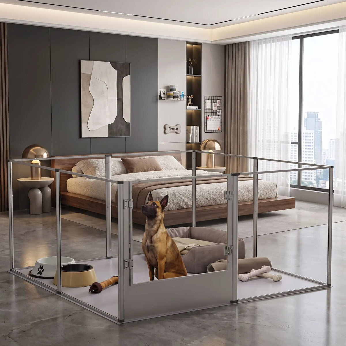 Parc-pour-chien et chiot intérieur avec cloisons-transparentes et sa structure aluminium aéronautique , modulable en forme carré ou rectangulaire, porte double verrou, vision 360° anti stress et anti anxiété pour les mises à bas, chiot, chien de petite, moyenne et grande taille, modèle xxl de 132x132x80,5 cm-un chien de race moyenne assis dans son parc xxl avec cloisons transparentes pour une vision 360° , anti morsure avec ses parois lisses et anti évasion et sa porte verouillée dans le salon de la maison