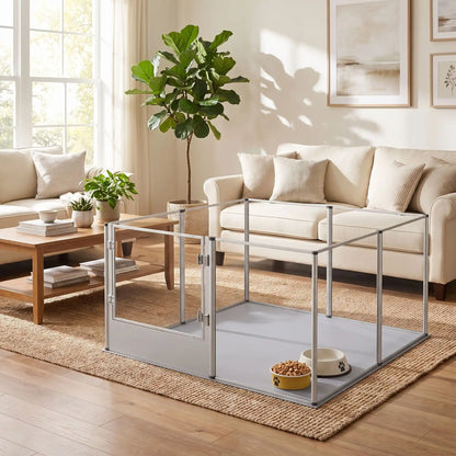 Parc-pour-chien et chiot intérieur avec cloisons-transparentes et sa structure aluminium aéronautique , modulable en forme carré ou rectangulaire, porte double verrou, vision 360° anti stress et anti anxiété pour les mises à bas, chiot, chien de petite, moyenne et grande taille, modèle xxl de 132x132x80,5 cm-gros plan sur le parc xxl avec cloisons transparentes pour une vision 360° , anti morsure avec ses parois lisses et anti évasion et sa porte verouillée et son tapis intérieur gris dans le salon 