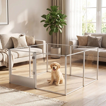 Parc-pour-chien et chiot intérieur avec cloisons-transparentes et sa structure aluminium aéronautique , modulable en forme carré ou rectangulaire, porte double verrou, vision 360° anti stress et anti anxiété pour les mises à bas, chiot, chien de petite, moyenne et grande taille, modèle xxl de 132x132x80,5 cm- gros plan sur un chiot assis dans le parc xxl avec cloisons transparentes pour une vision 360° , anti morsure avec ses parois lisses et anti évasion et sa porte verouillée pour montrer l'effet xxl